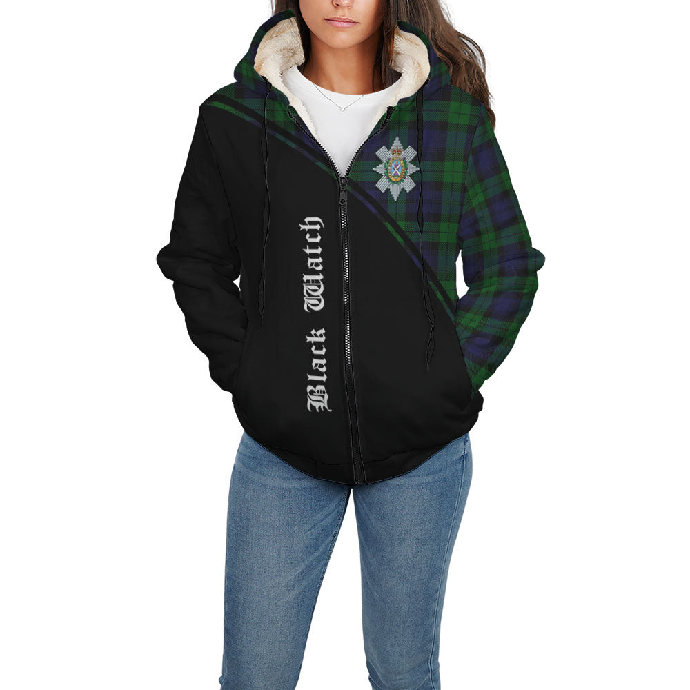 Black Watch Tartan Sherpa Hoodie with Family Crest Curve Style - Tartanvibesclothing