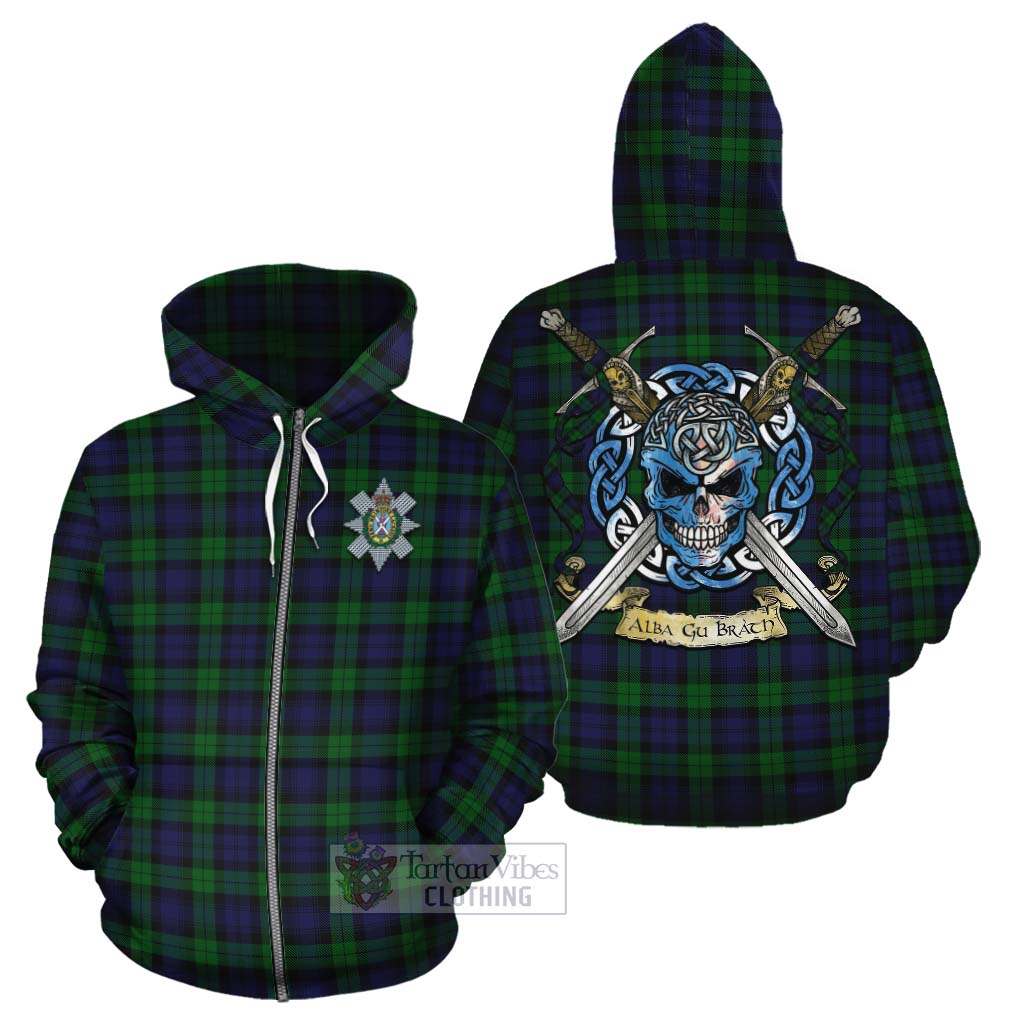 Tartan Vibes Clothing Black Watch Tartan Cotton Hoodie with Family Crest Celtic Skull Style