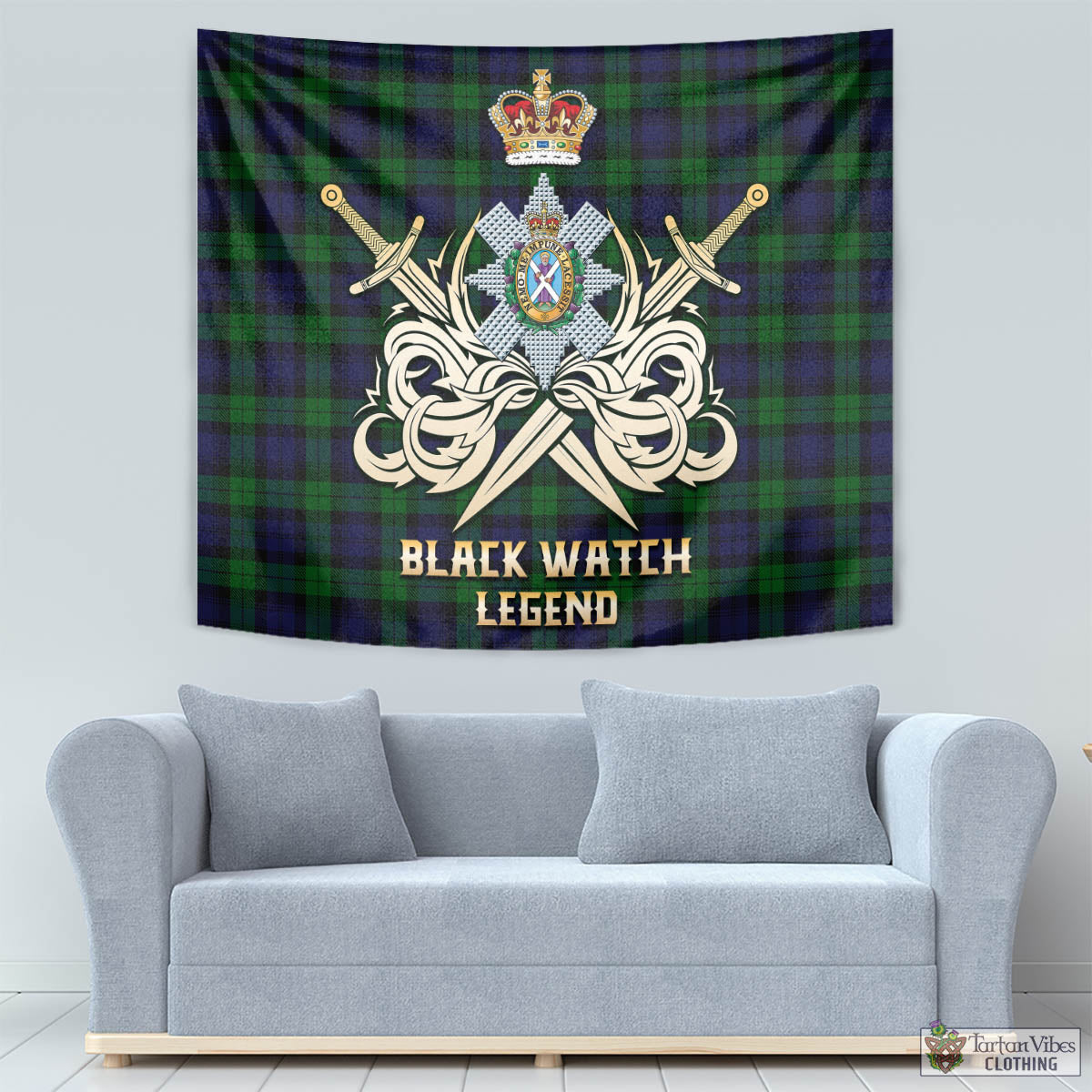 Tartan Vibes Clothing Black Watch Tartan Tapestry with Clan Crest and the Golden Sword of Courageous Legacy