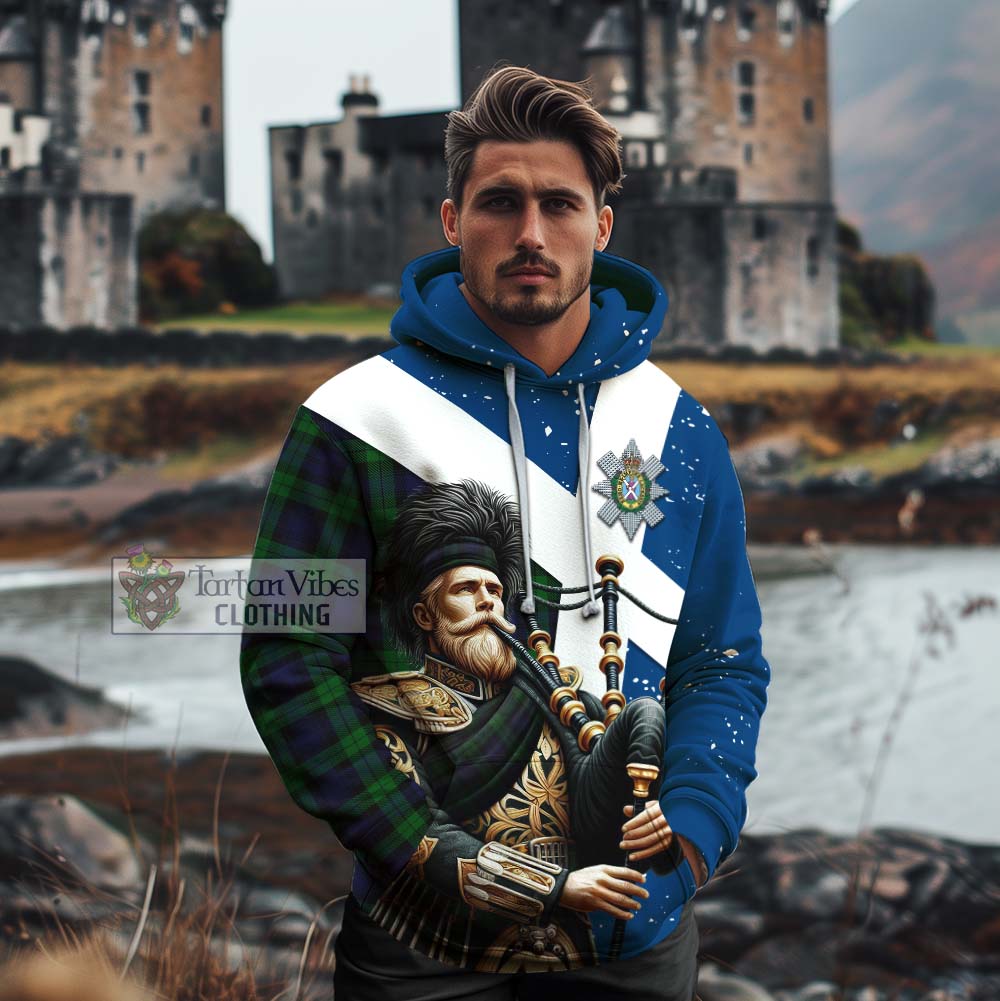 Tartan Vibes Clothing Black Watch Tartan Cotton Hoodie with Family Crest Scottish Bagpiper Vibes