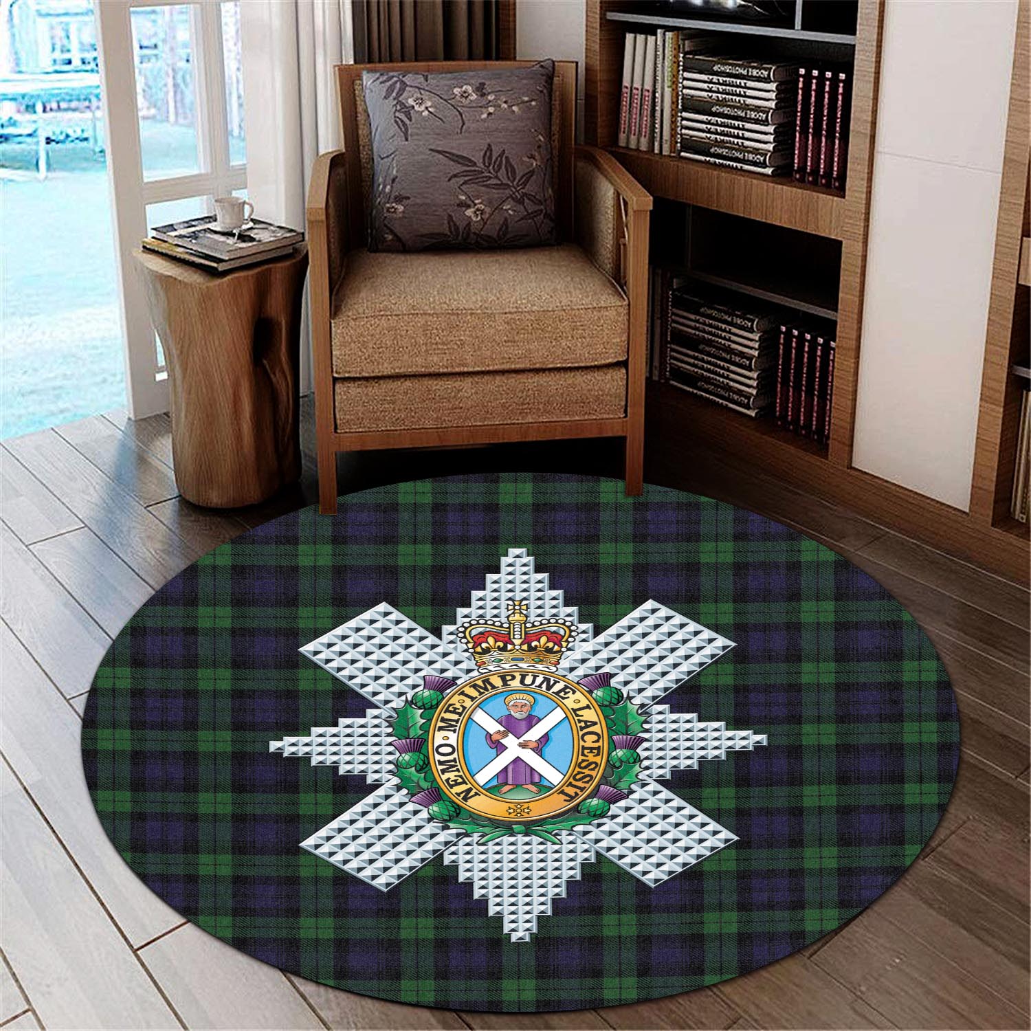 Black Watch Tartan Round Rug with Family Crest - Tartanvibesclothing