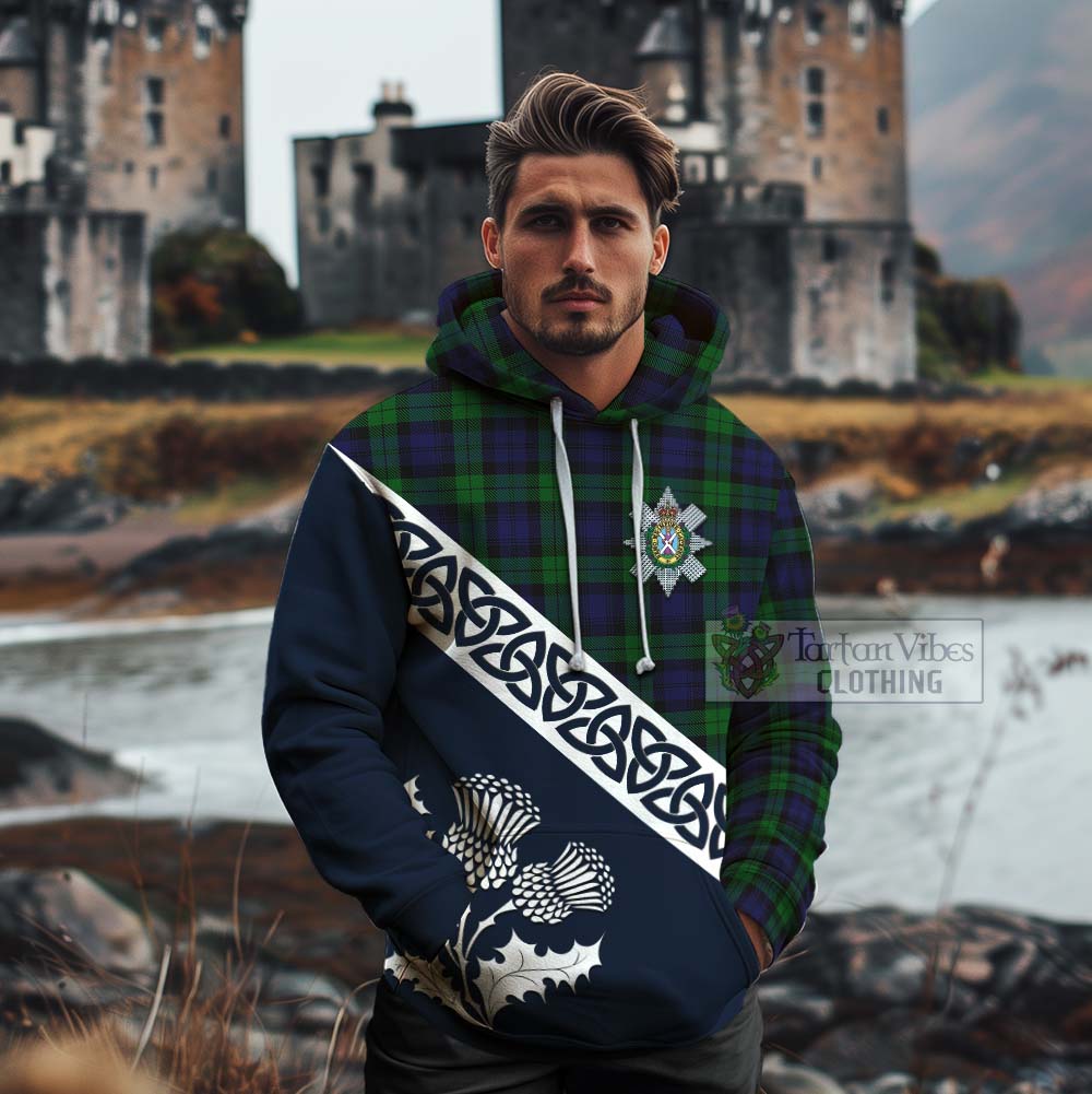 Tartan Vibes Clothing Black Watch Tartan Cotton Hoodie Featuring Thistle and Scotland Map