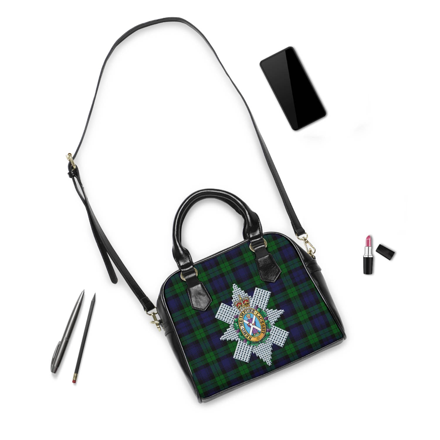 Black Watch Tartan Shoulder Handbags with Family Crest - Tartanvibesclothing