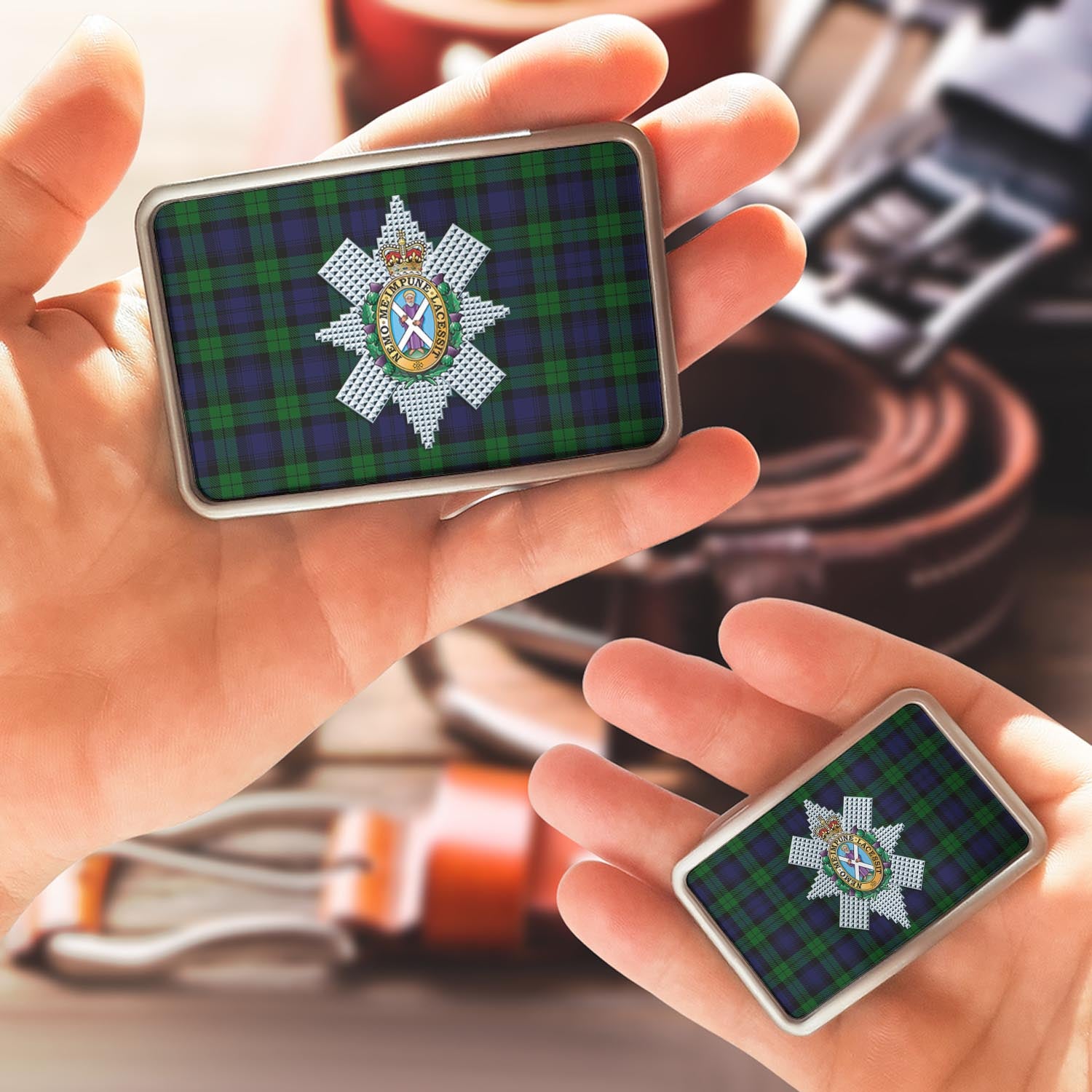 Black Watch Tartan Belt Buckles with Family Crest - Tartanvibesclothing