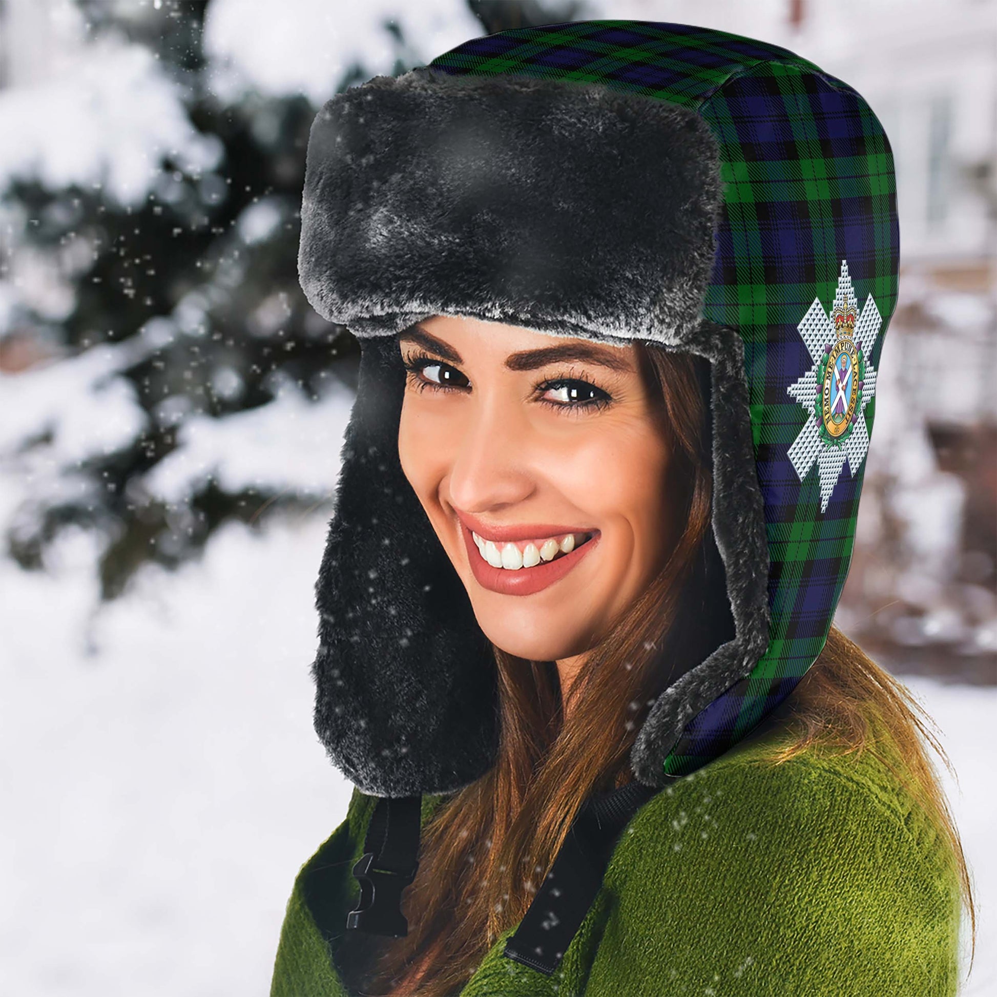 Black Watch Tartan Winter Trapper Hat with Family Crest - Tartanvibesclothing