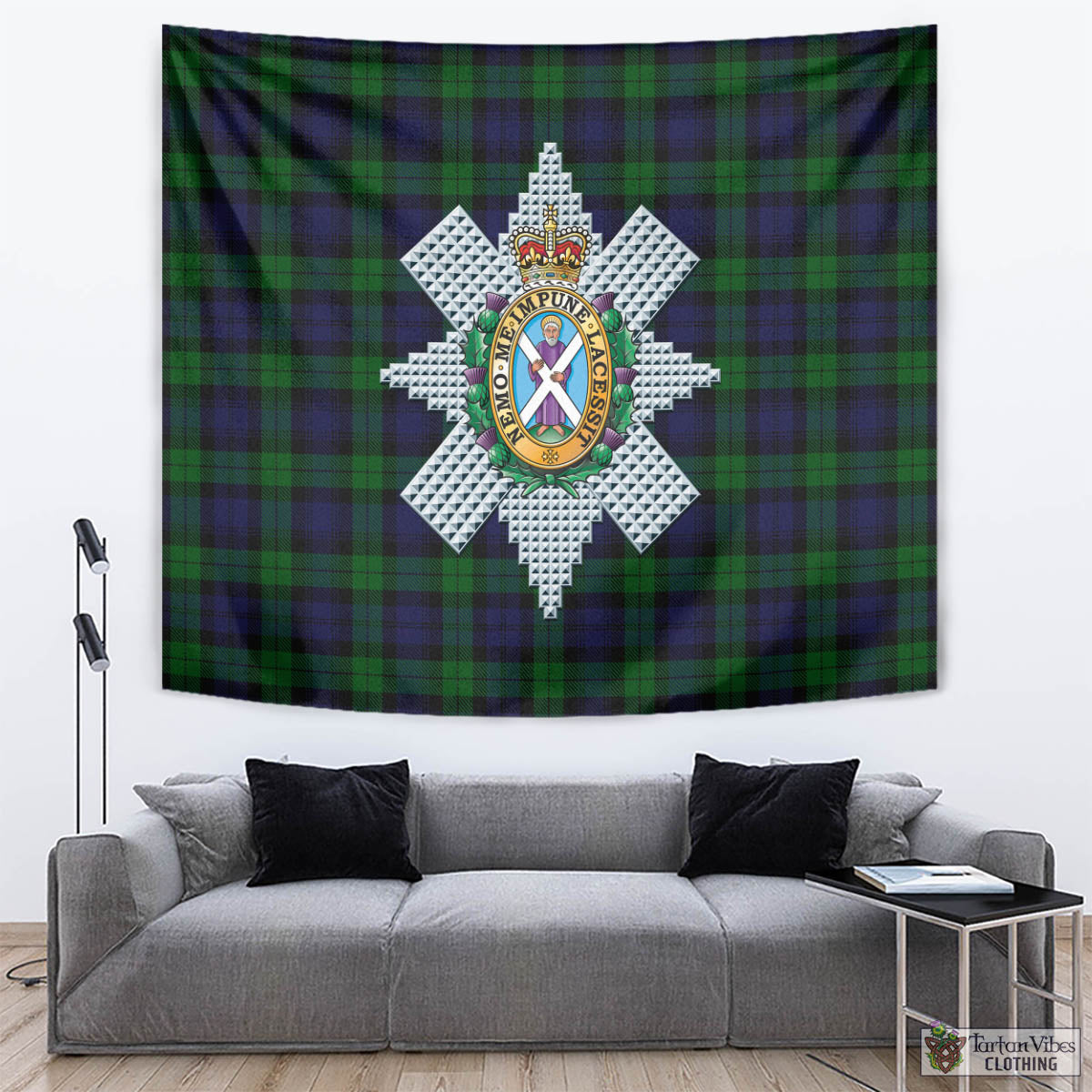 Tartan Vibes Clothing Black Watch Tartan Tapestry Wall Hanging and Home Decor for Room with Family Crest