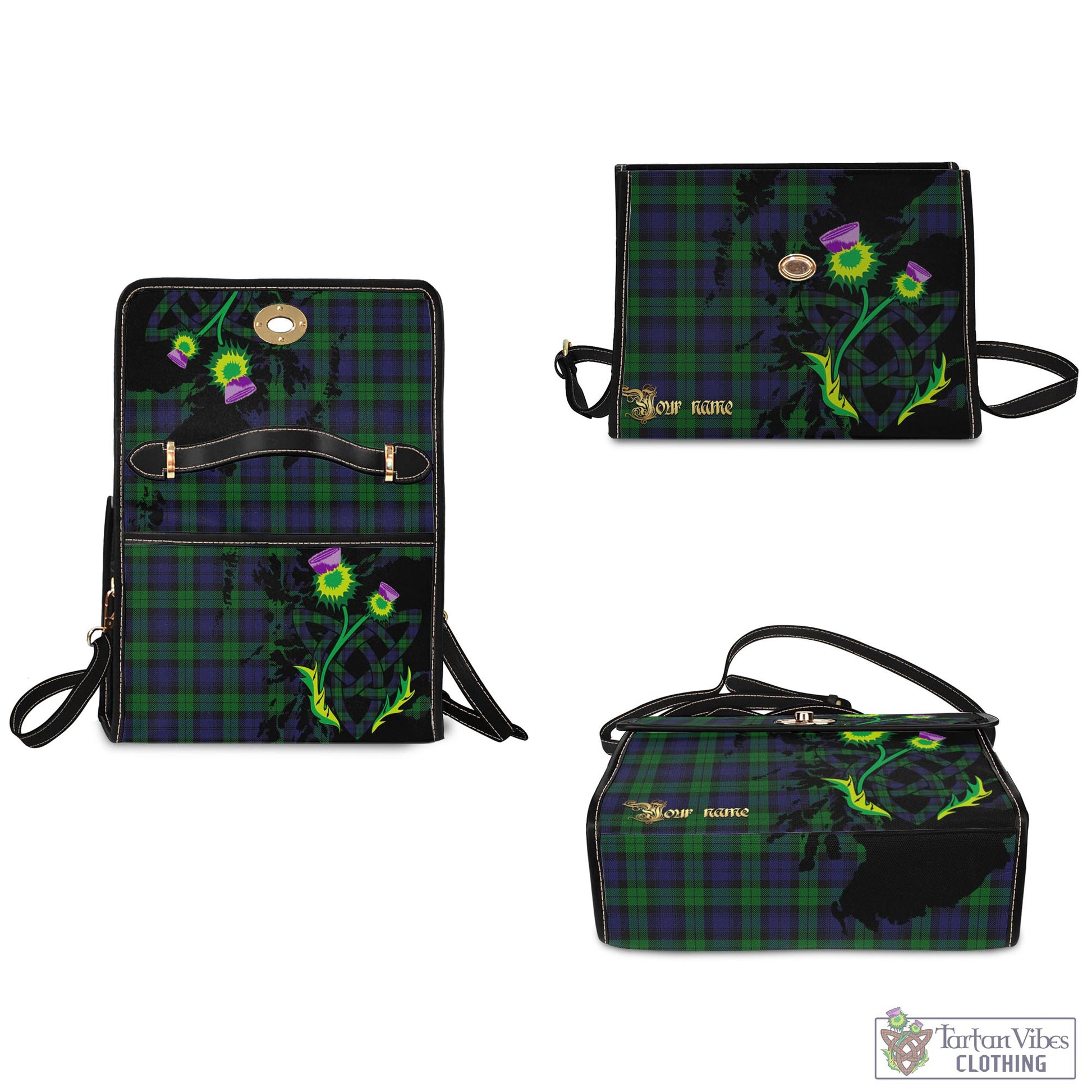 Tartan Vibes Clothing Black Watch Tartan Waterproof Canvas Bag with Scotland Map and Thistle Celtic Accents