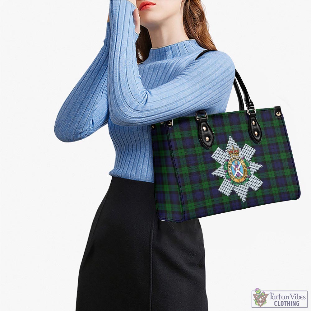 Tartan Vibes Clothing Black Watch Tartan Luxury Leather Handbags with Family Crest