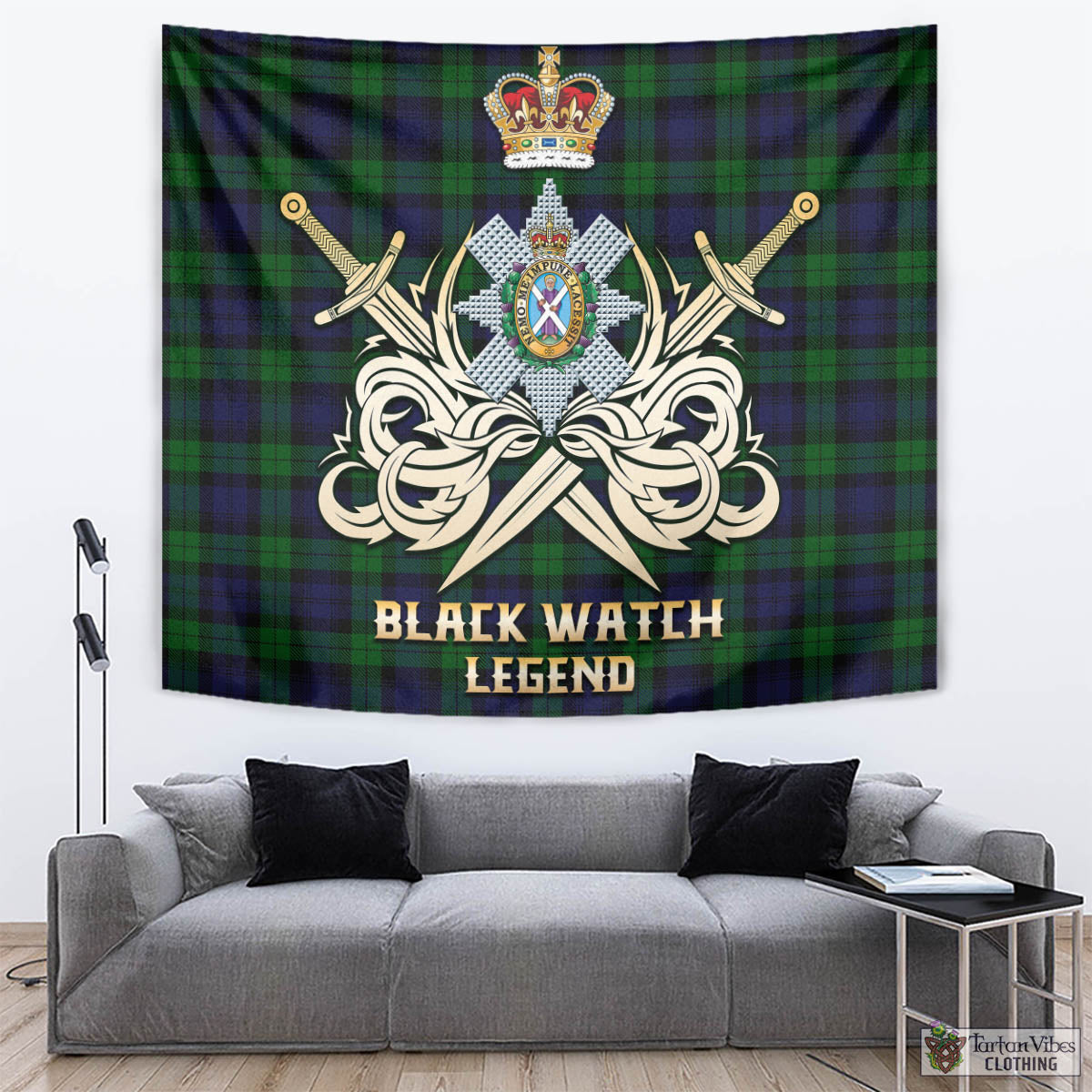 Tartan Vibes Clothing Black Watch Tartan Tapestry with Clan Crest and the Golden Sword of Courageous Legacy