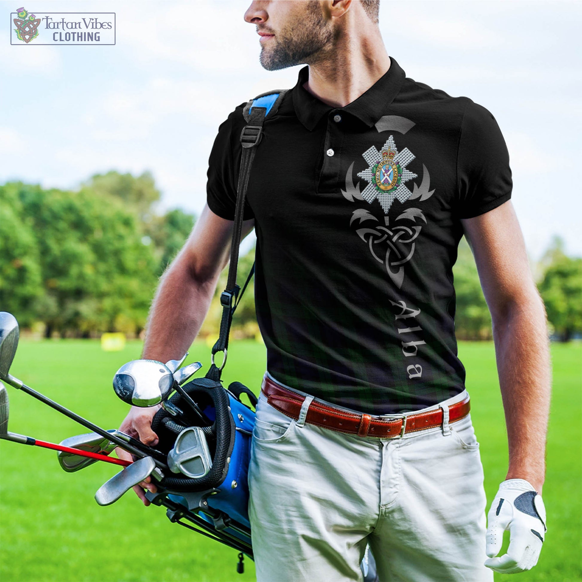 Tartan Vibes Clothing Black Watch Tartan Polo Shirt Featuring Alba Gu Brath Family Crest Celtic Inspired