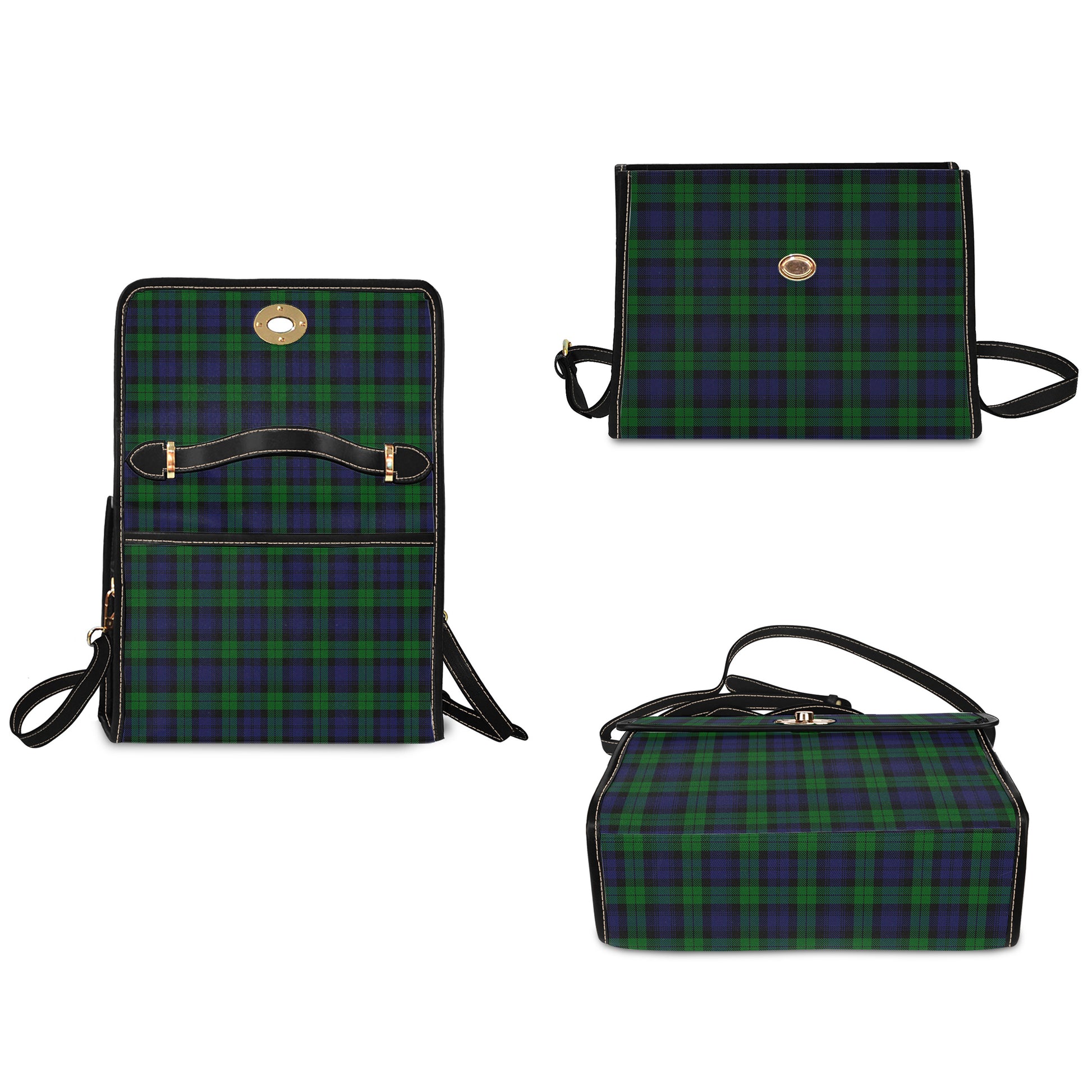 Black Watch Tartan Leather Strap Waterproof Canvas Bag - Tartanvibesclothing