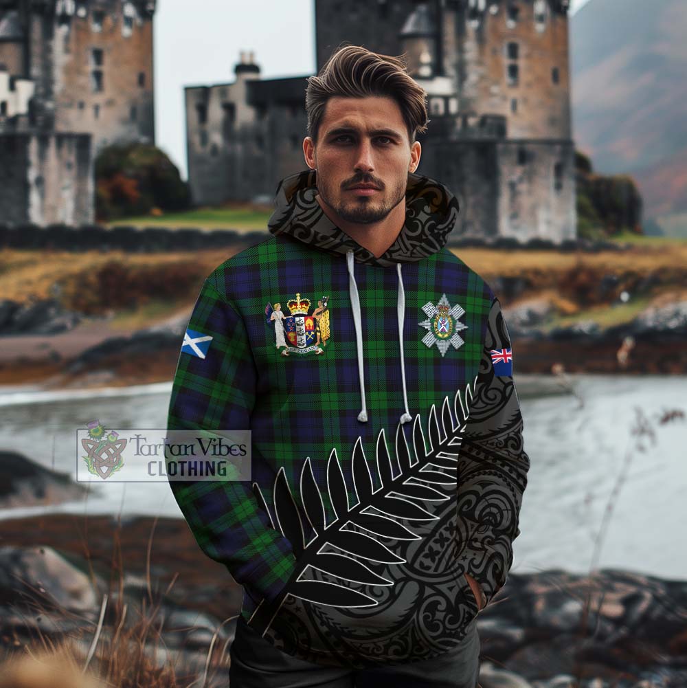 Tartan Vibes Clothing Black Watch Crest Tartan Cotton Hoodie with New Zealand Silver Fern Half Style