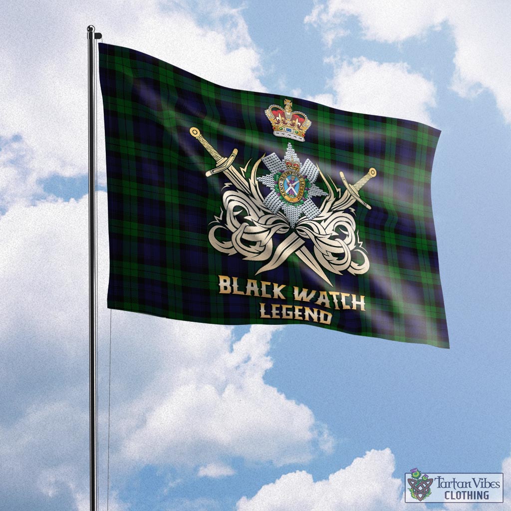 Tartan Vibes Clothing Black Watch Tartan Flag with Clan Crest and the Golden Sword of Courageous Legacy