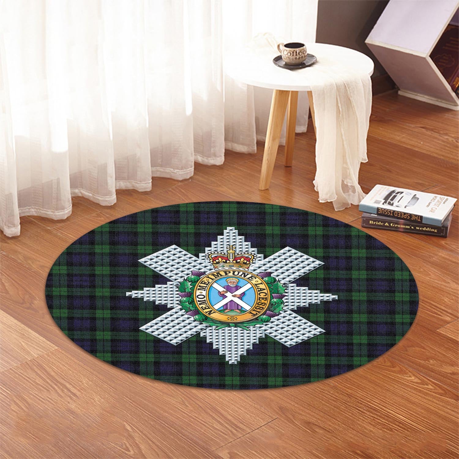 Black Watch Tartan Round Rug with Family Crest - Tartanvibesclothing