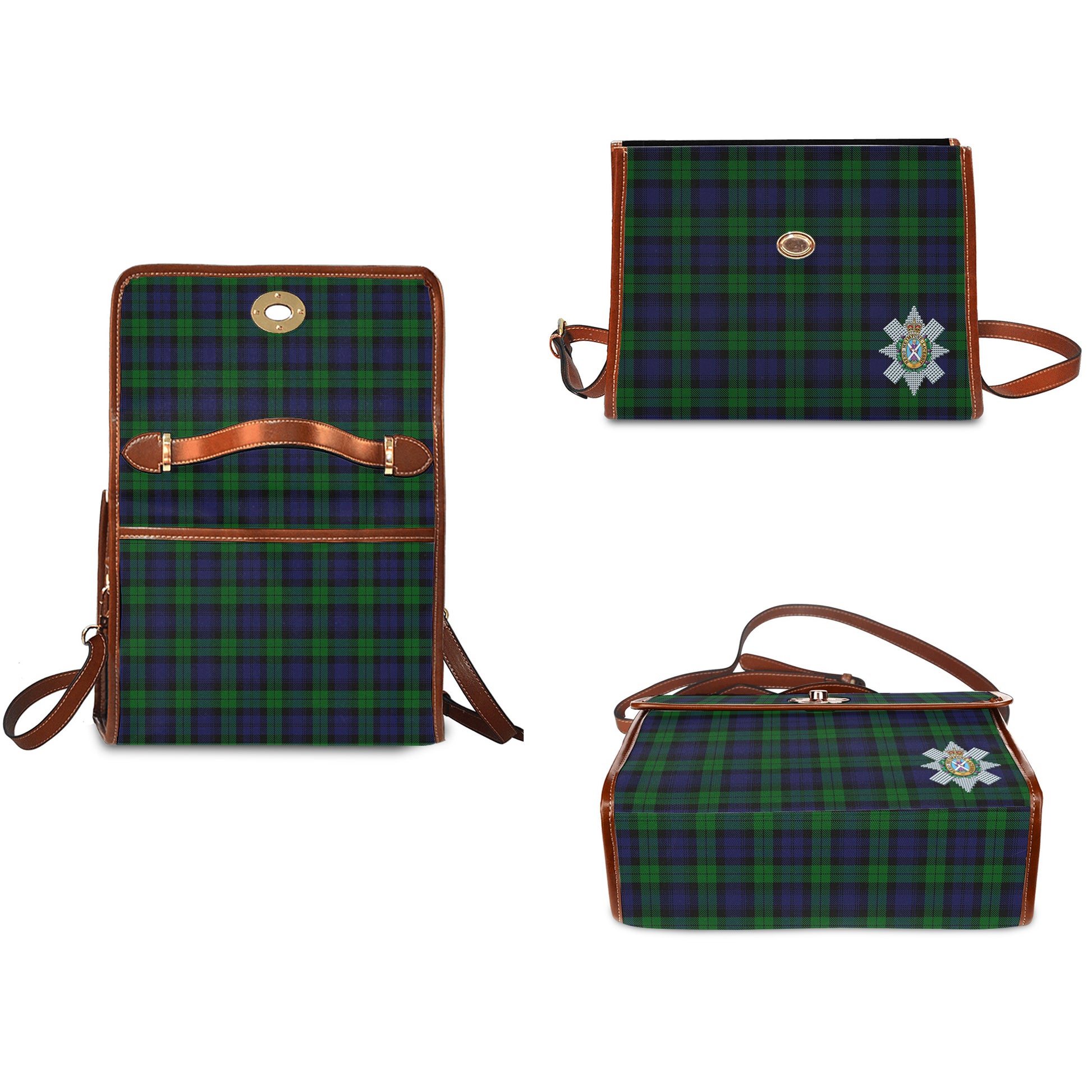 Black Watch Tartan Leather Strap Waterproof Canvas Bag with Family Crest - Tartanvibesclothing