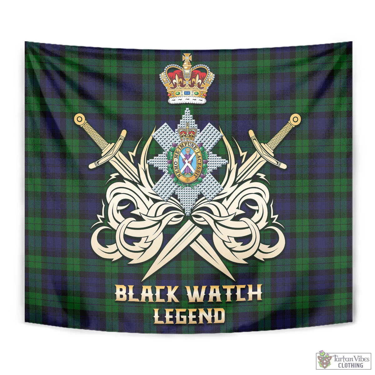 Tartan Vibes Clothing Black Watch Tartan Tapestry with Clan Crest and the Golden Sword of Courageous Legacy