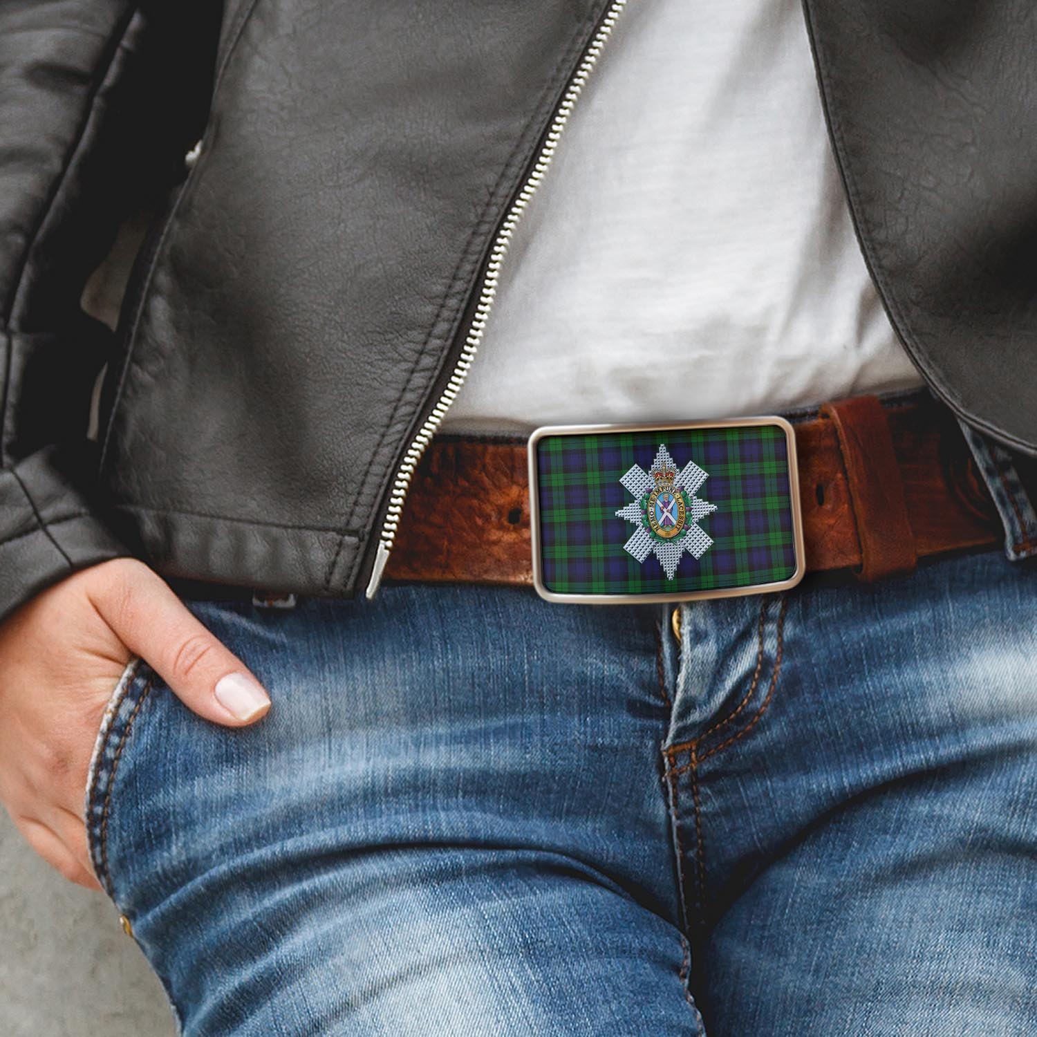 Black Watch Tartan Belt Buckles with Family Crest - Tartanvibesclothing