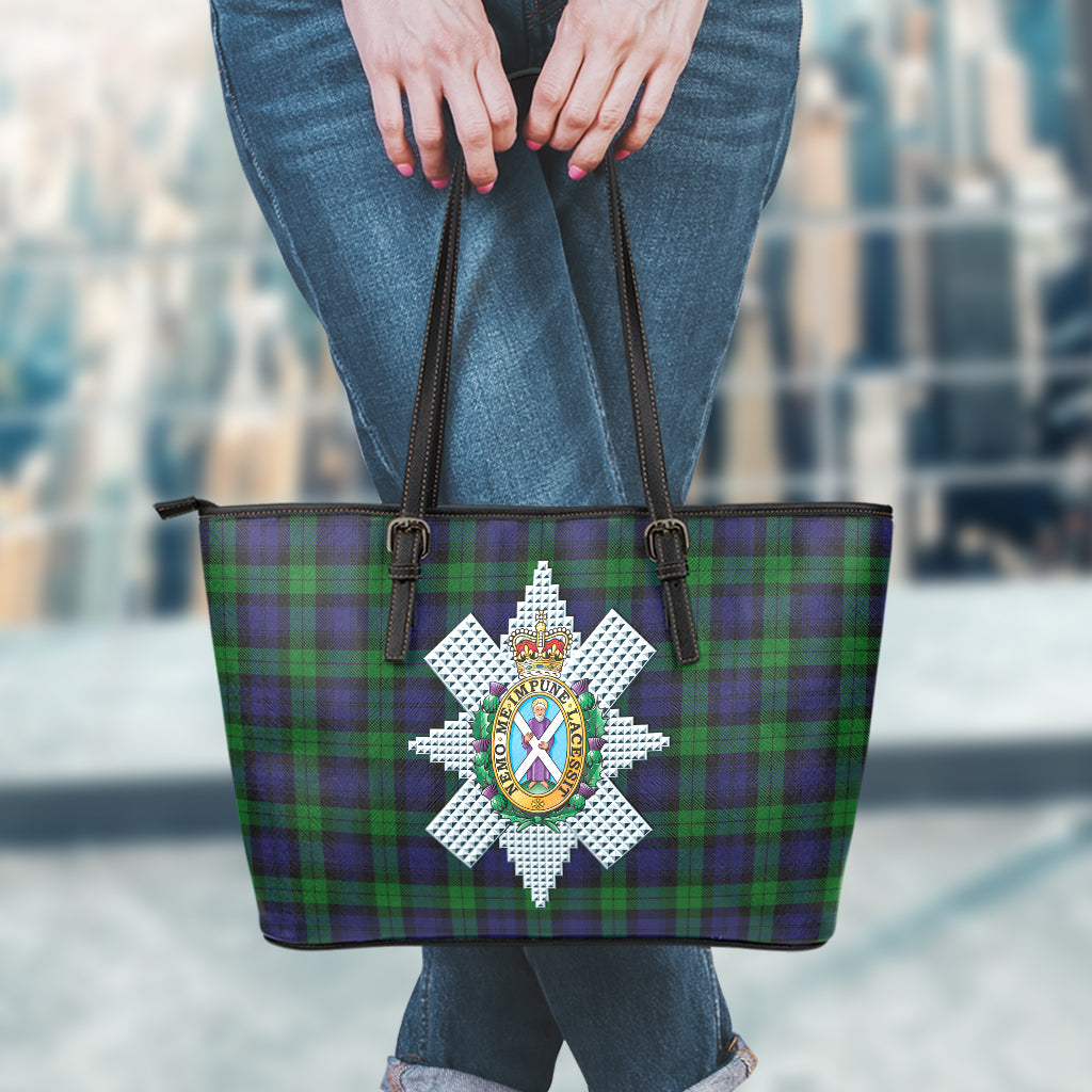 Black Watch Tartan Leather Tote Bag with Family Crest - Tartanvibesclothing