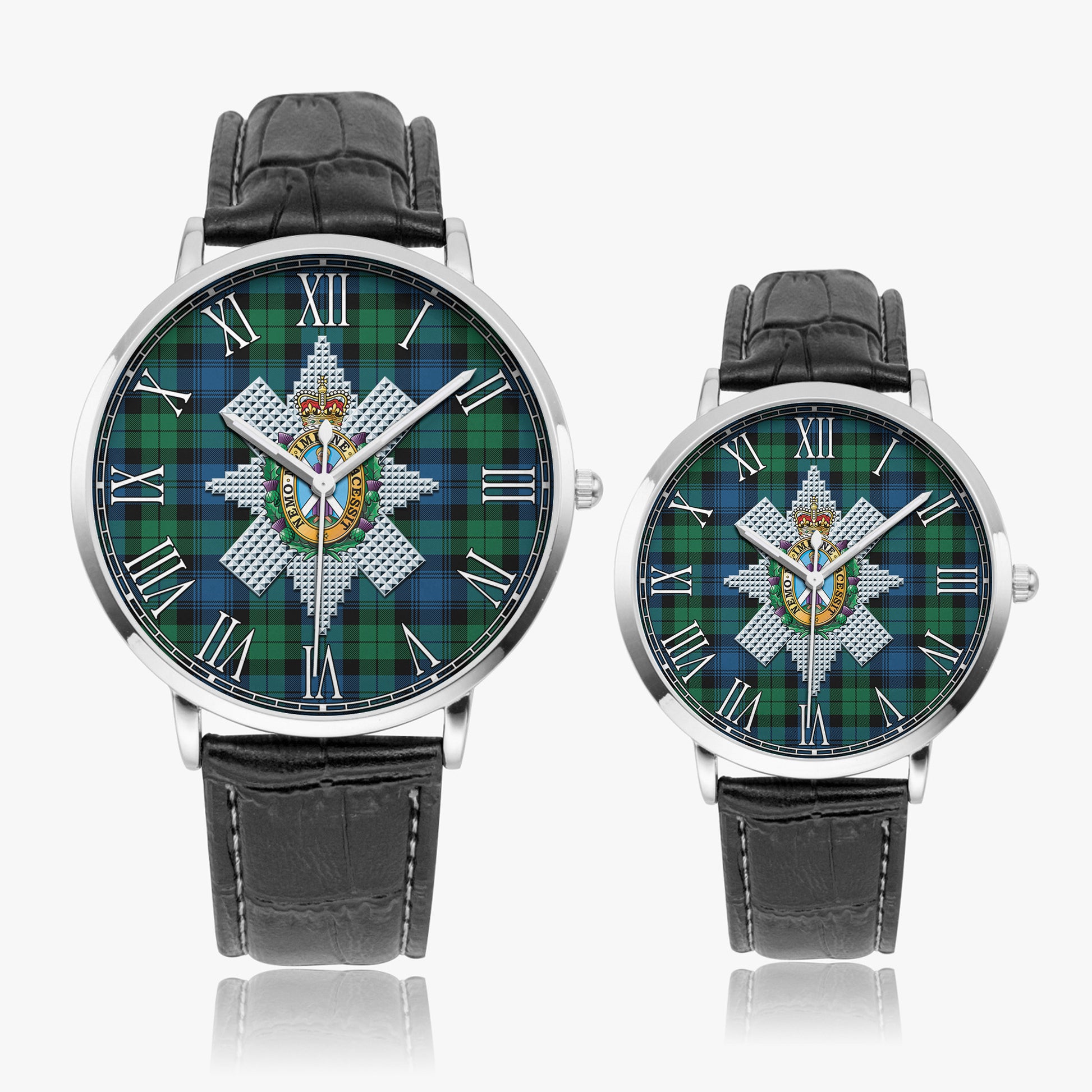 Black Watch Ancient Tartan Family Crest Leather Strap Quartz Watch - Tartanvibesclothing