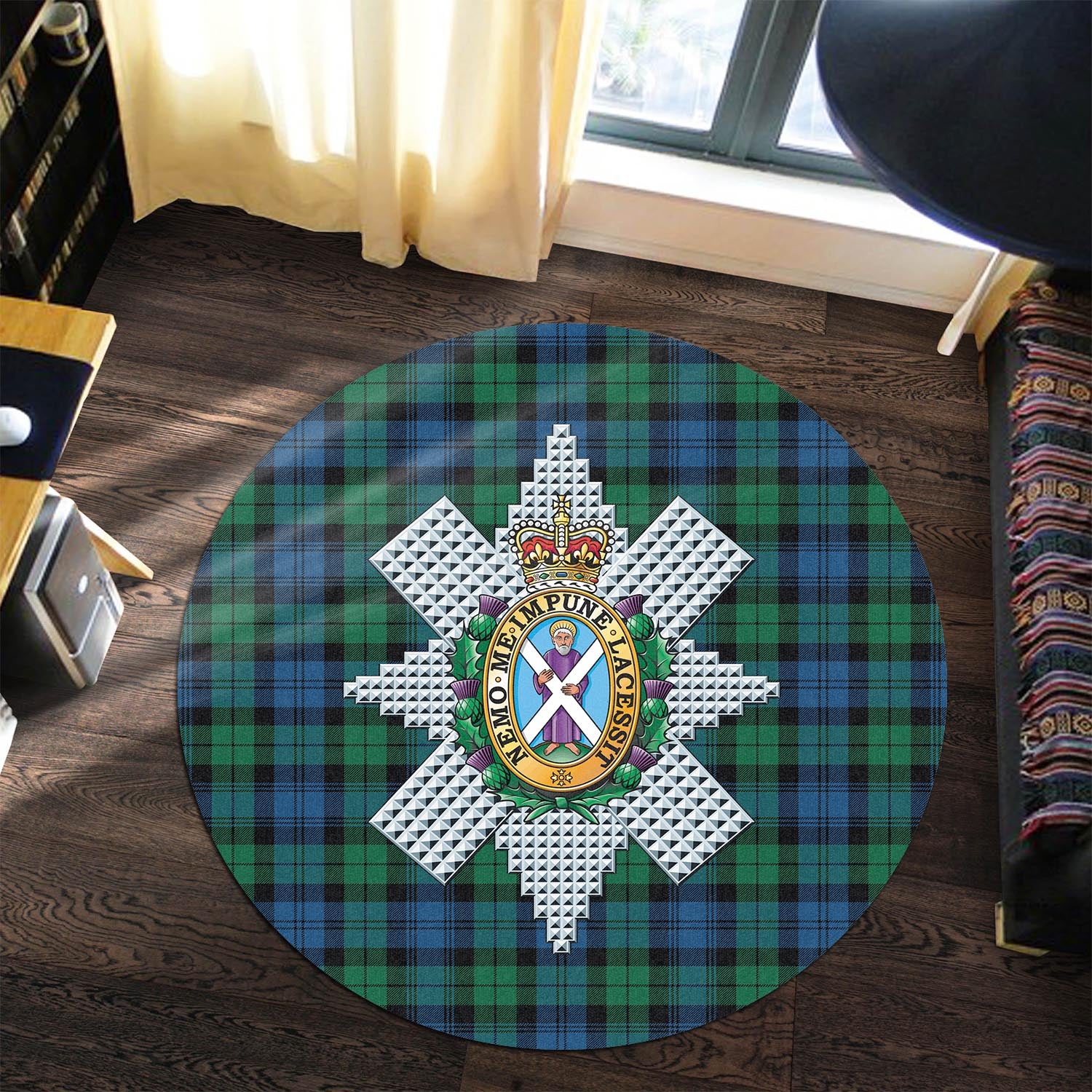 Black Watch Ancient Tartan Round Rug with Family Crest - Tartanvibesclothing