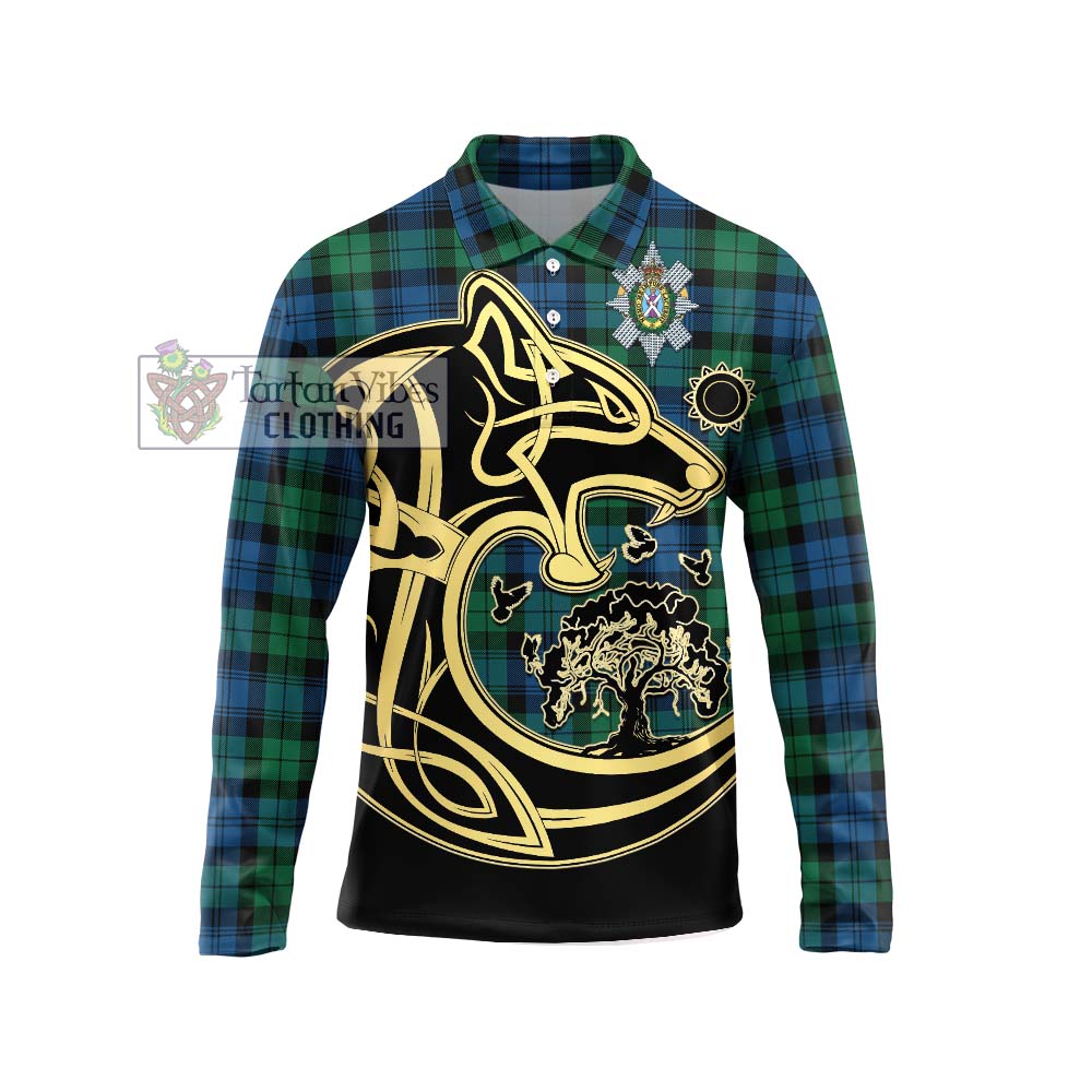 Black Watch Ancient Tartan Long Sleeve Polo Shirt with Family Crest Celtic Wolf Style Unisex - Tartanvibesclothing Shop