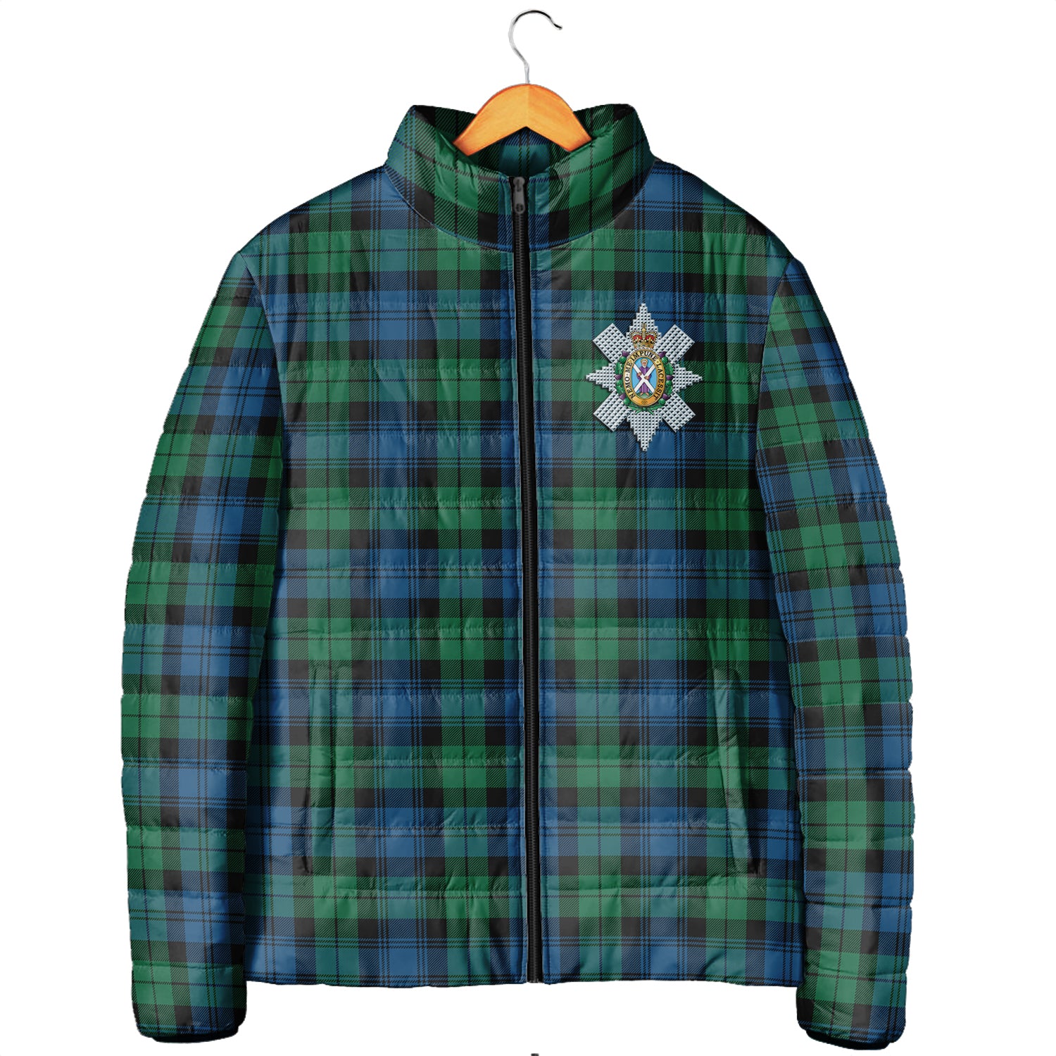 Black Watch Ancient Tartan Padded Jacket with Family Crest - Tartanvibesclothing