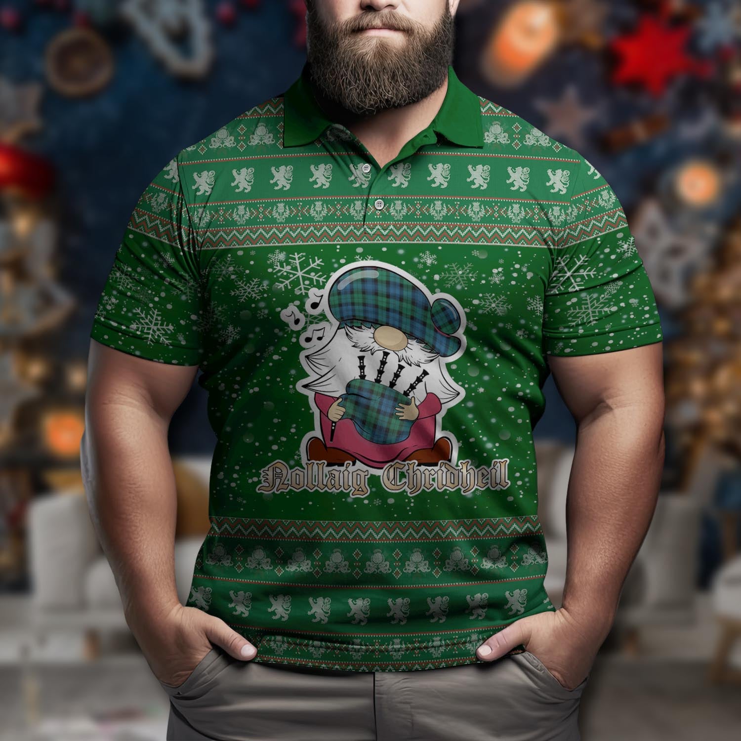 Black Watch Ancient Clan Christmas Family Polo Shirt with Funny Gnome Playing Bagpipes Men's Polo Shirt Green - Tartanvibesclothing