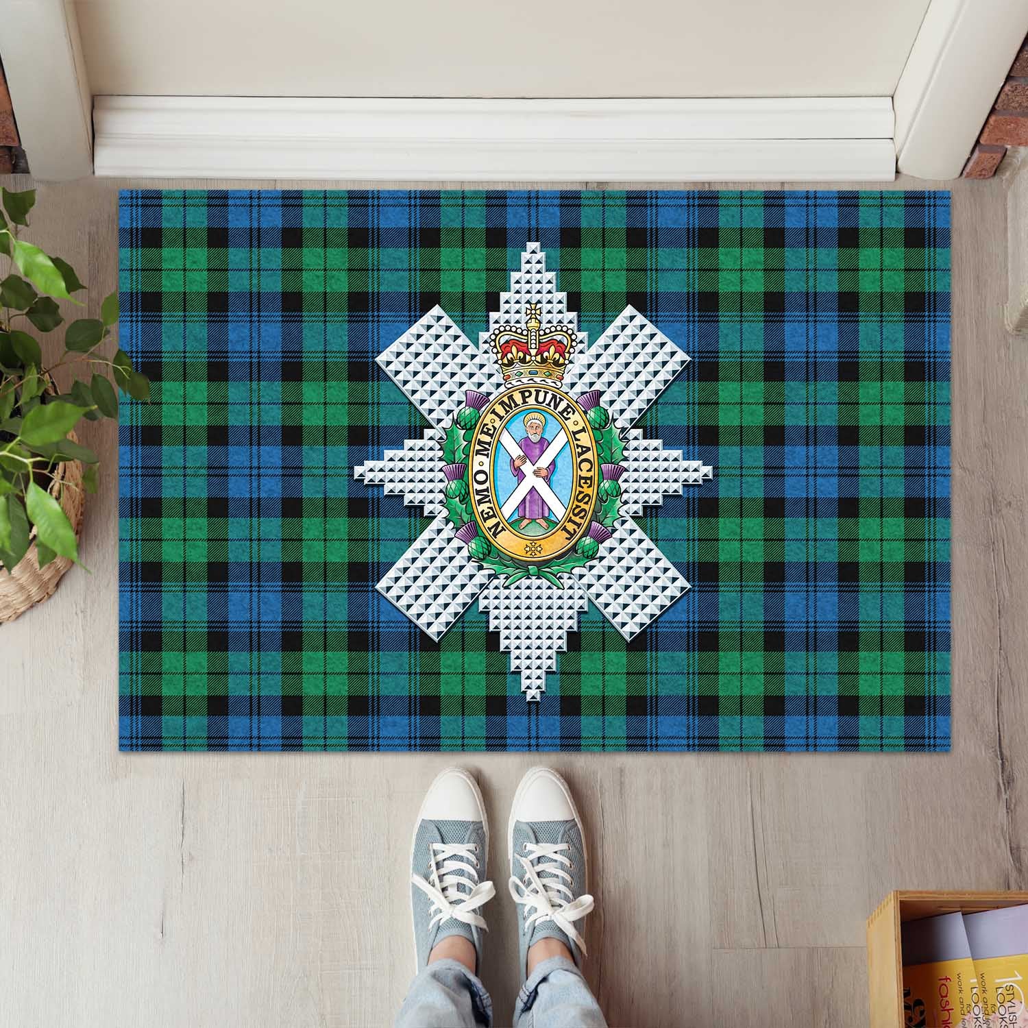 Black Watch Ancient Tartan Door Mat with Family Crest - Tartanvibesclothing