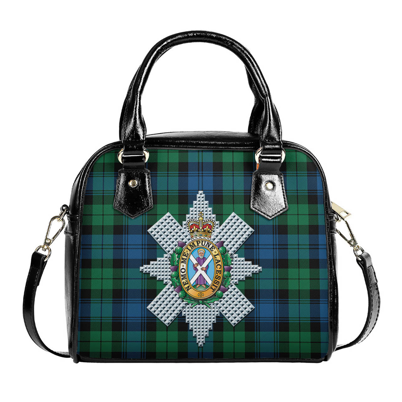 Black Watch Ancient Tartan Shoulder Handbags with Family Crest One Size 6*25*22 cm - Tartanvibesclothing