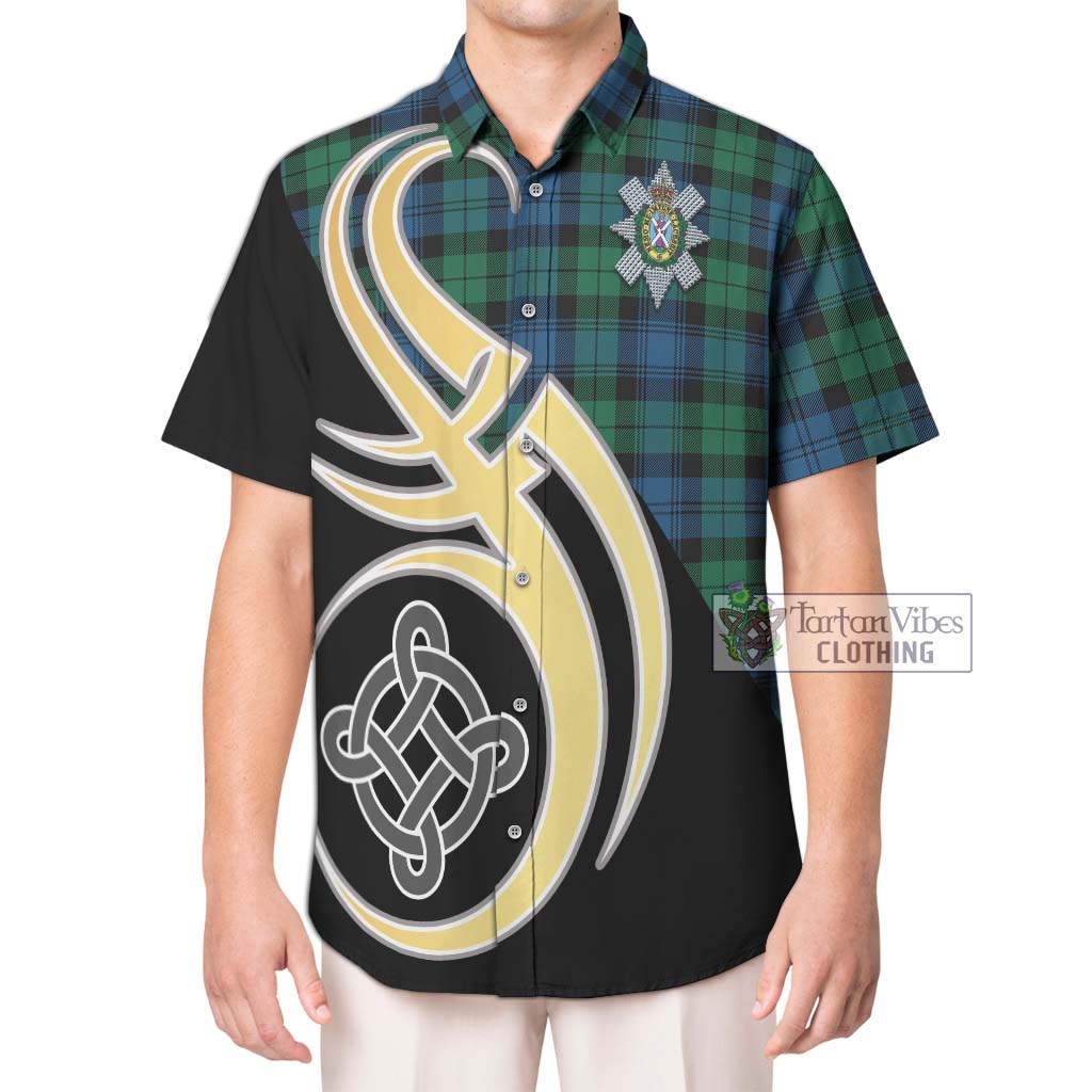 Black Watch Ancient Tartan Short Sleeve Button Shirt with Family Crest and Celtic Symbol Style Kid - Tartan Vibes Clothing