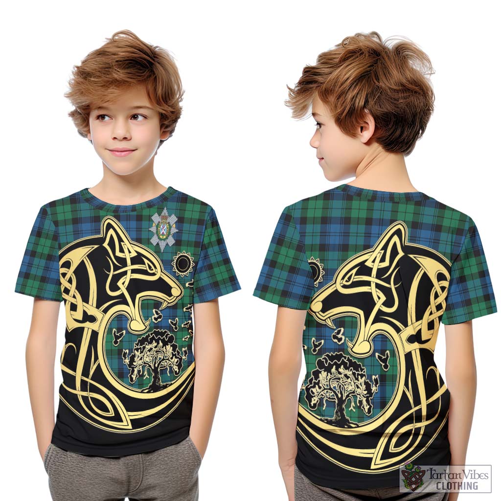 Black Watch Ancient Tartan Kid T-Shirt with Family Crest Celtic Wolf Style Youth XL Size14 - Tartan Vibes Clothing