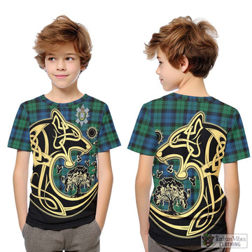 Black Watch Ancient Tartan Kid T-Shirt with Family Crest Celtic Wolf Style