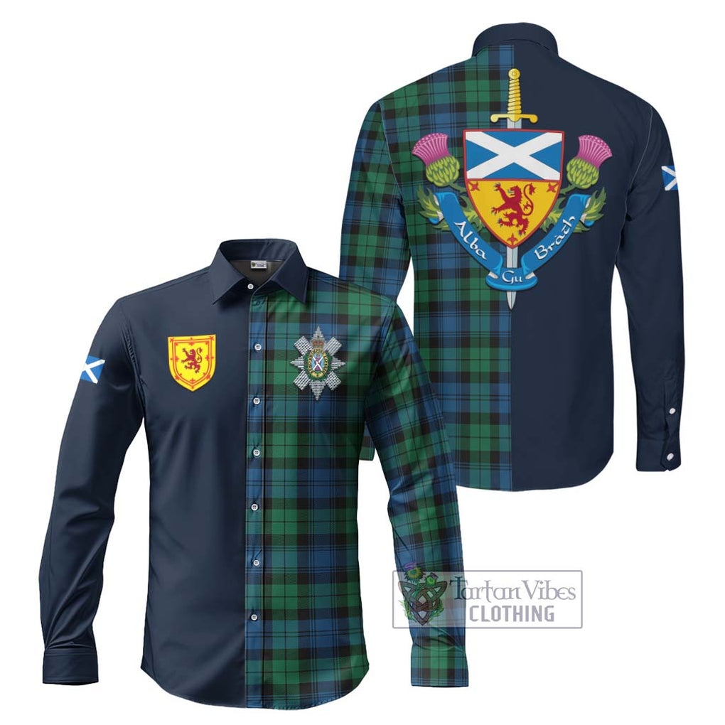 Tartan Vibes Clothing Black Watch Ancient Tartan Long Sleeve Button Shirt with Scottish Lion Royal Arm Half Style