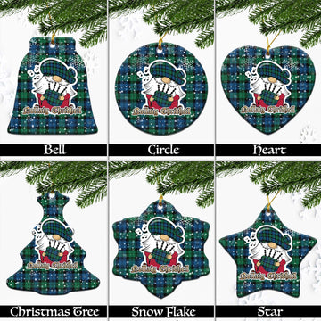 Black Watch Ancient Tartan Christmas Ceramic Ornaments with Scottish Gnome Playing Bagpipes