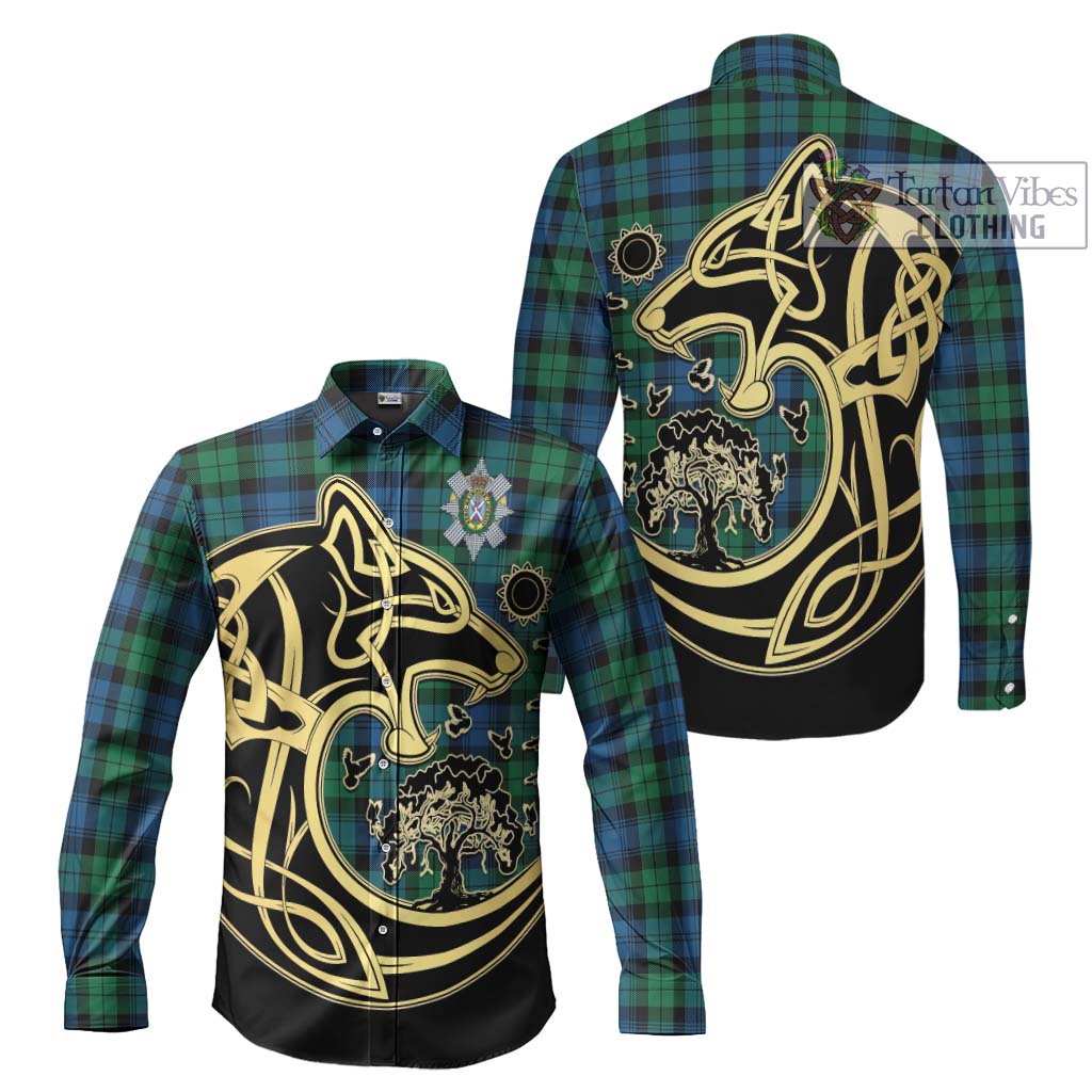 Black Watch Ancient Tartan Long Sleeve Button Shirt with Family Crest Celtic Wolf Style Men's Shirt S - Tartan Vibes Clothing