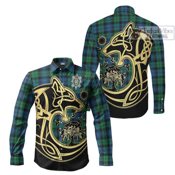 Black Watch Ancient Tartan Long Sleeve Button Shirt with Family Crest Celtic Wolf Style