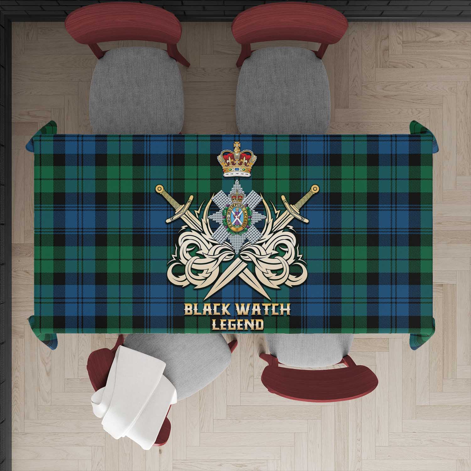 Tartan Vibes Clothing Black Watch Ancient Tartan Tablecloth with Clan Crest and the Golden Sword of Courageous Legacy