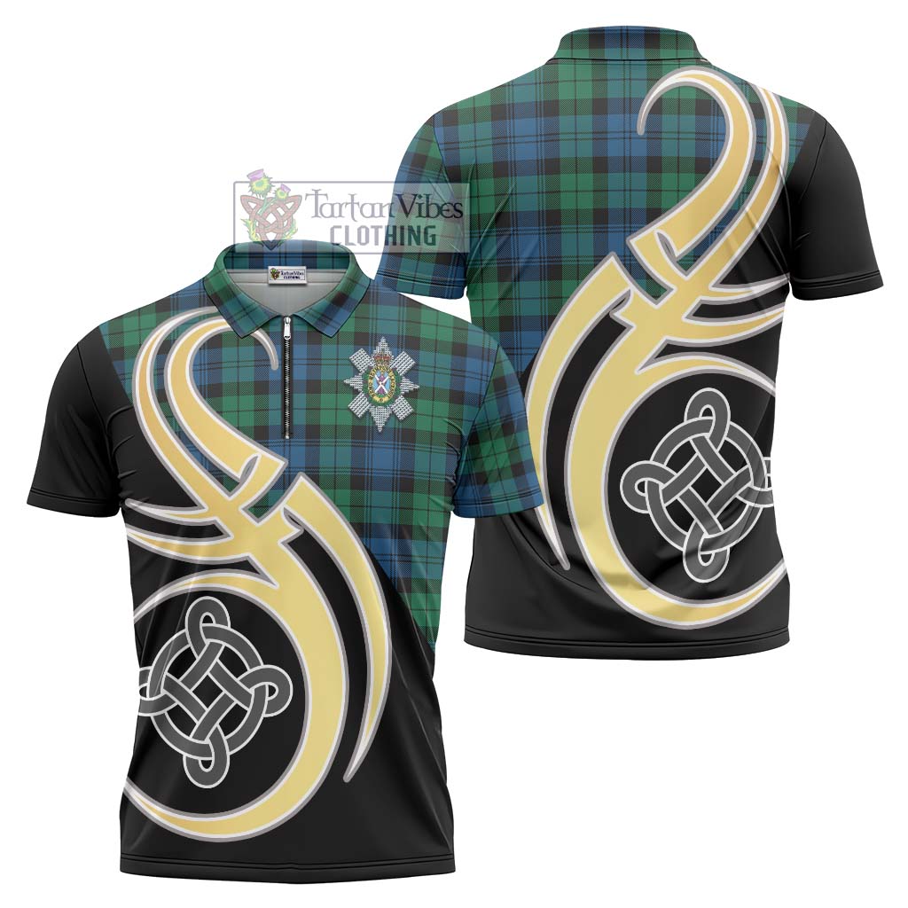 Tartan Vibes Clothing Black Watch Ancient Tartan Zipper Polo Shirt with Family Crest and Celtic Symbol Style