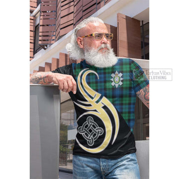 Black Watch Ancient Tartan Cotton T-shirt with Family Crest and Celtic Symbol Style