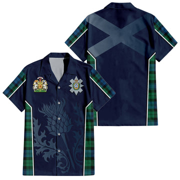 Black Watch Ancient Tartan Short Sleeve Button Up Shirt with Family Crest and Scottish Thistle Vibes Sport Style