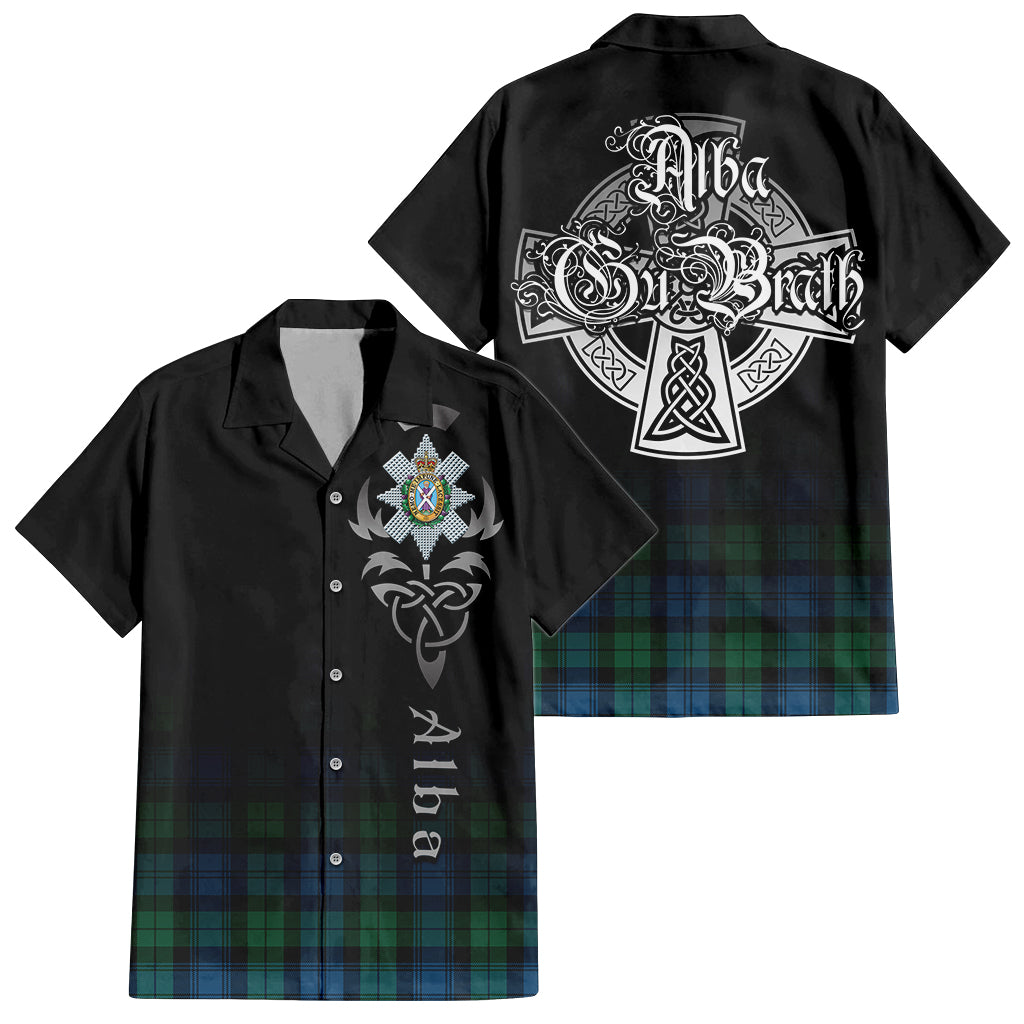 Tartan Vibes Clothing Black Watch Ancient Tartan Short Sleeve Button Up Featuring Alba Gu Brath Family Crest Celtic Inspired