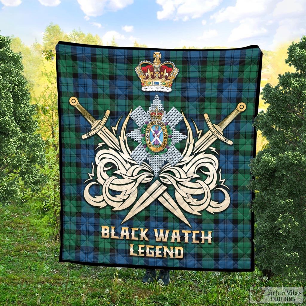 Tartan Vibes Clothing Black Watch Ancient Tartan Quilt with Clan Crest and the Golden Sword of Courageous Legacy