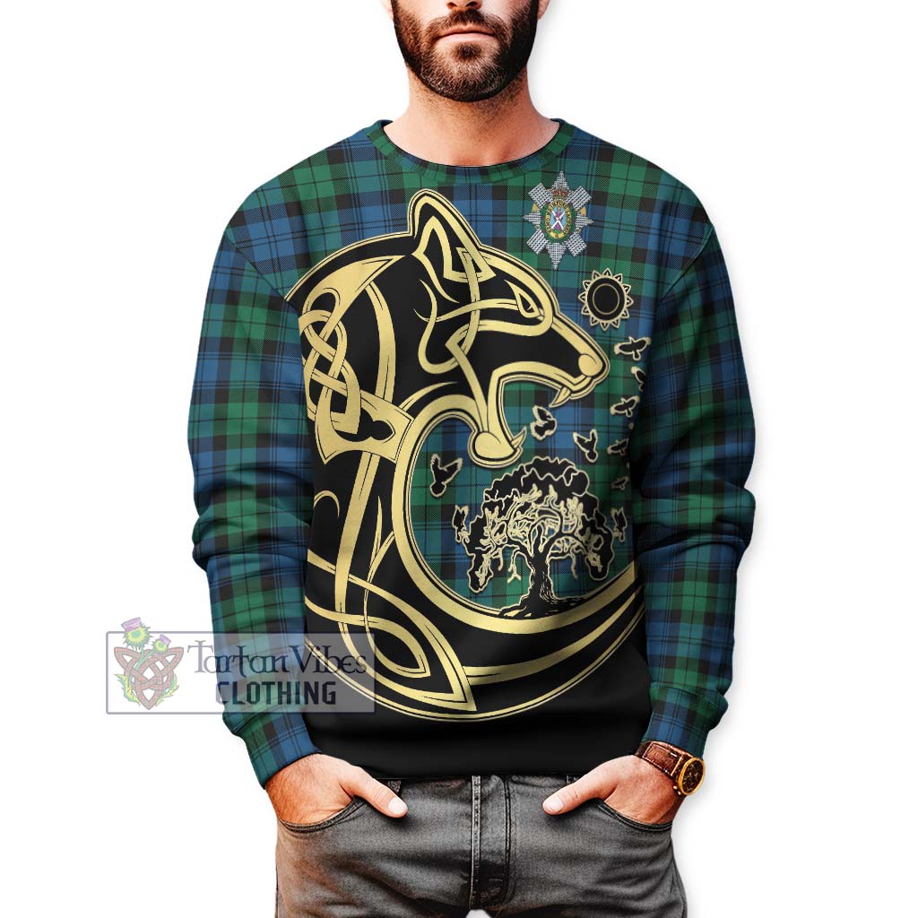 Black Watch Ancient Tartan Sweatshirt with Family Crest Celtic Wolf Style Unisex - Tartan Vibes Clothing