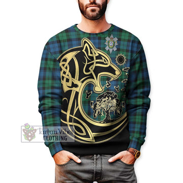 Black Watch Ancient Tartan Sweatshirt with Family Crest Celtic Wolf Style