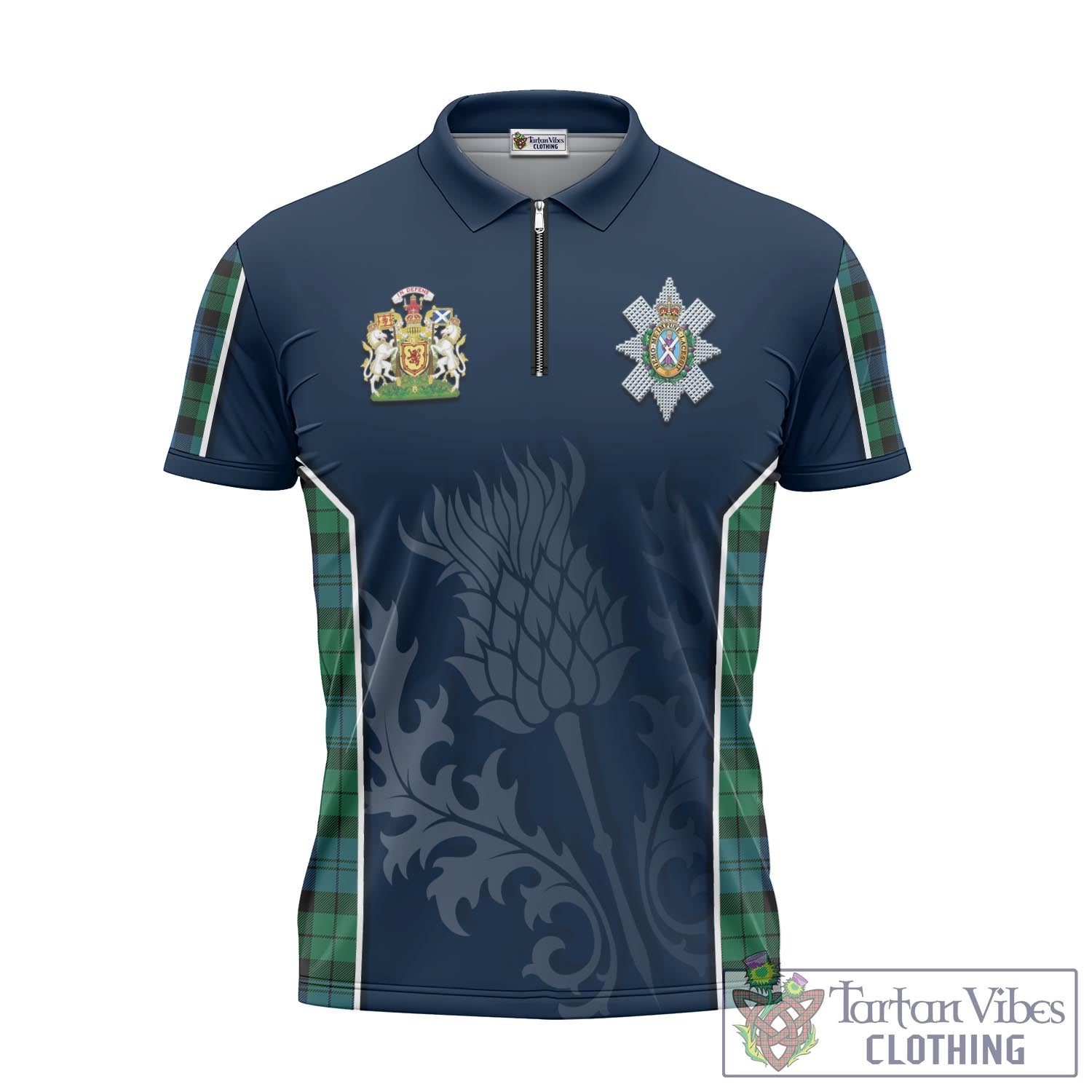 Tartan Vibes Clothing Black Watch Ancient Tartan Zipper Polo Shirt with Family Crest and Scottish Thistle Vibes Sport Style