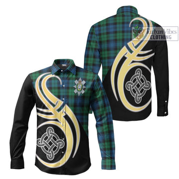 Black Watch Ancient Tartan Long Sleeve Button Shirt with Family Crest and Celtic Symbol Style