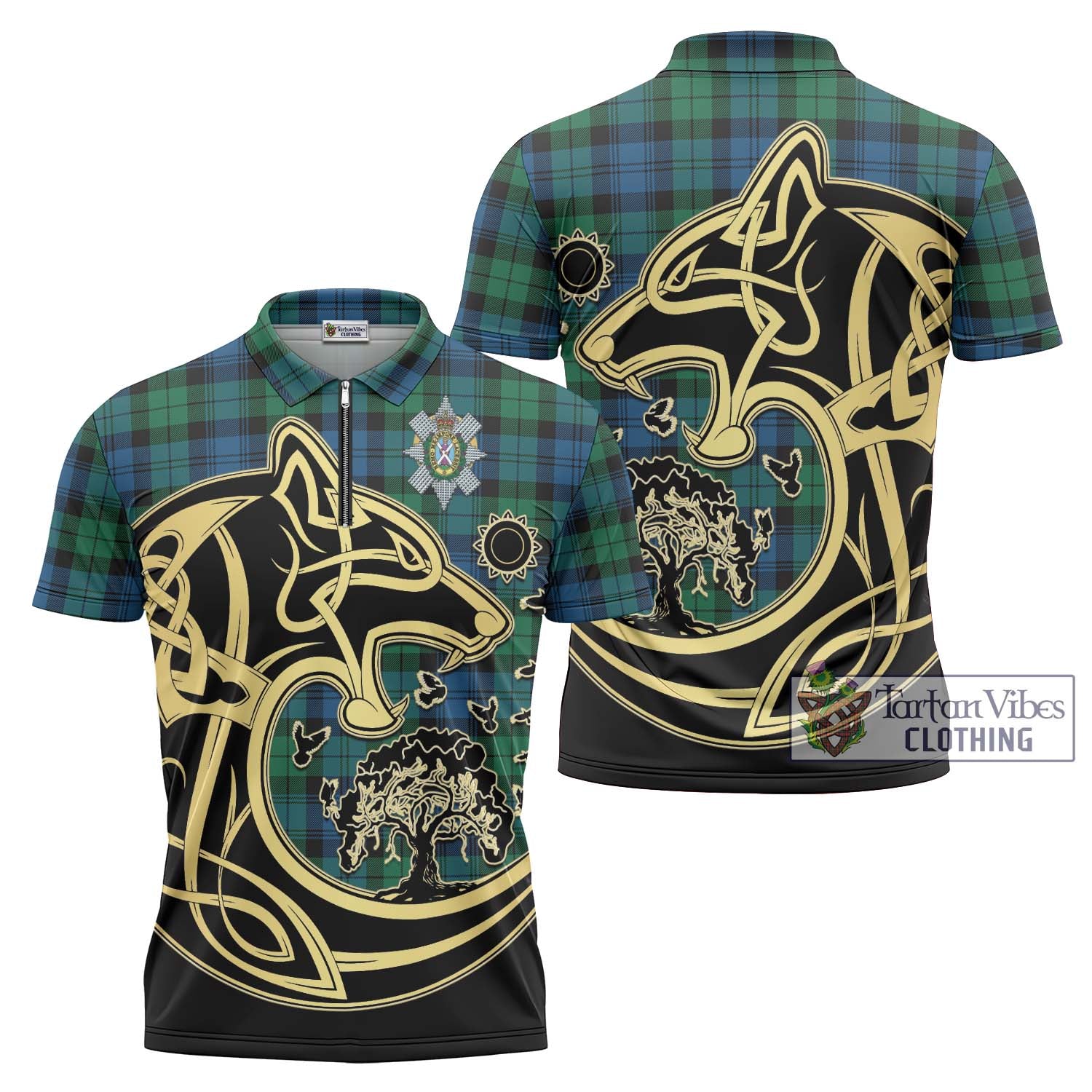 Black Watch Ancient Tartan Zipper Polo Shirt with Family Crest Celtic Wolf Style Unisex - Tartanvibesclothing Shop