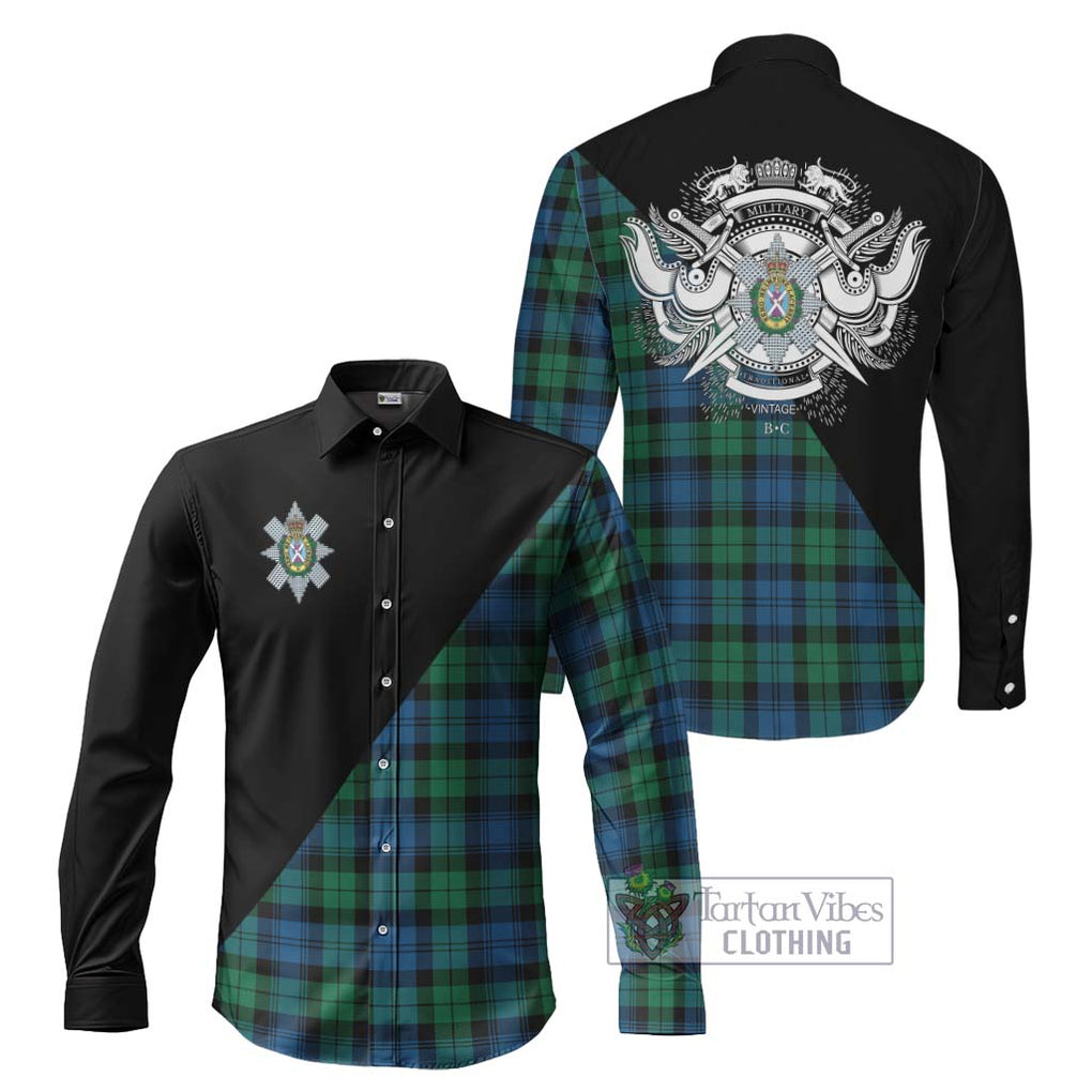 Black Watch Ancient Tartan Long Sleeve Button Shirt with Family Crest and Military Logo Style Men's Shirt S - Tartanvibesclothing Shop