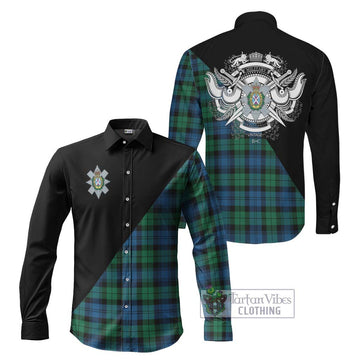 Black Watch Ancient Tartan Long Sleeve Button Shirt with Family Crest and Military Logo Style