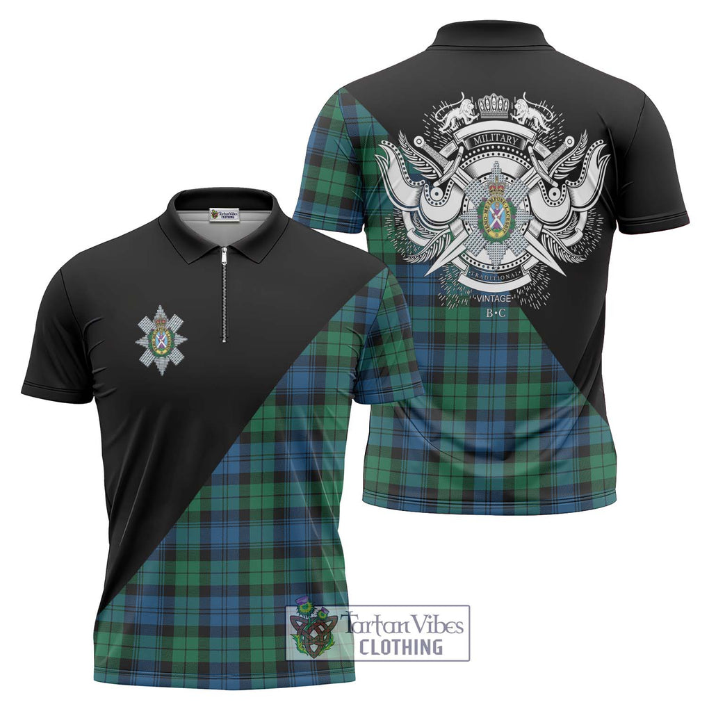 Black Watch Ancient Tartan Zipper Polo Shirt with Family Crest and Military Logo Style Unisex - Tartanvibesclothing Shop